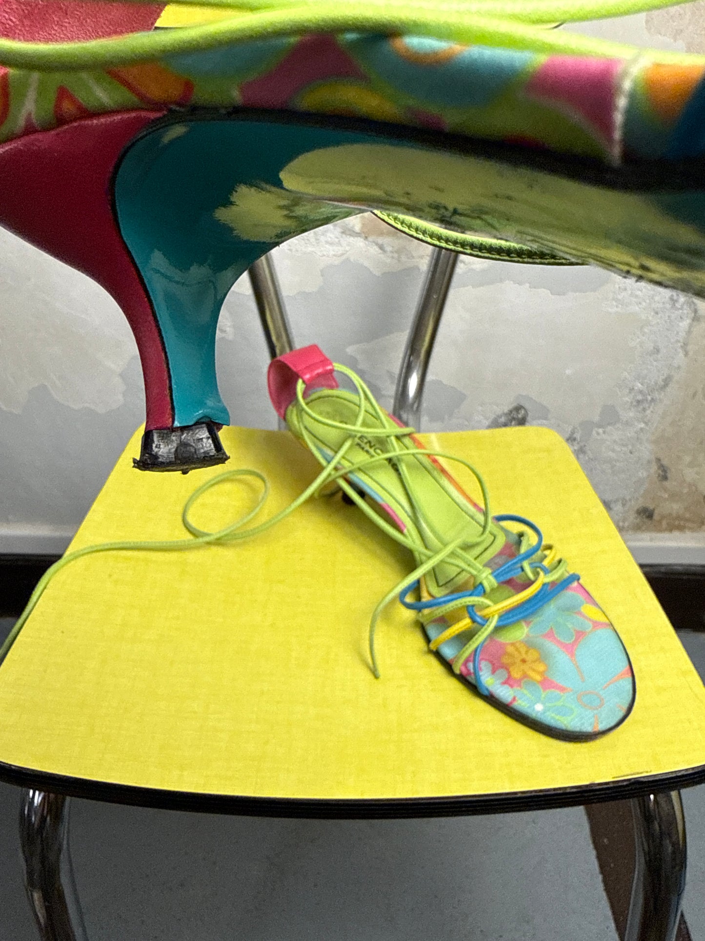 2000s Balenciaga Psychedelic Floral Ankle-Tie Stiletto Kitten Heels Sandals Spring/Summer 2008