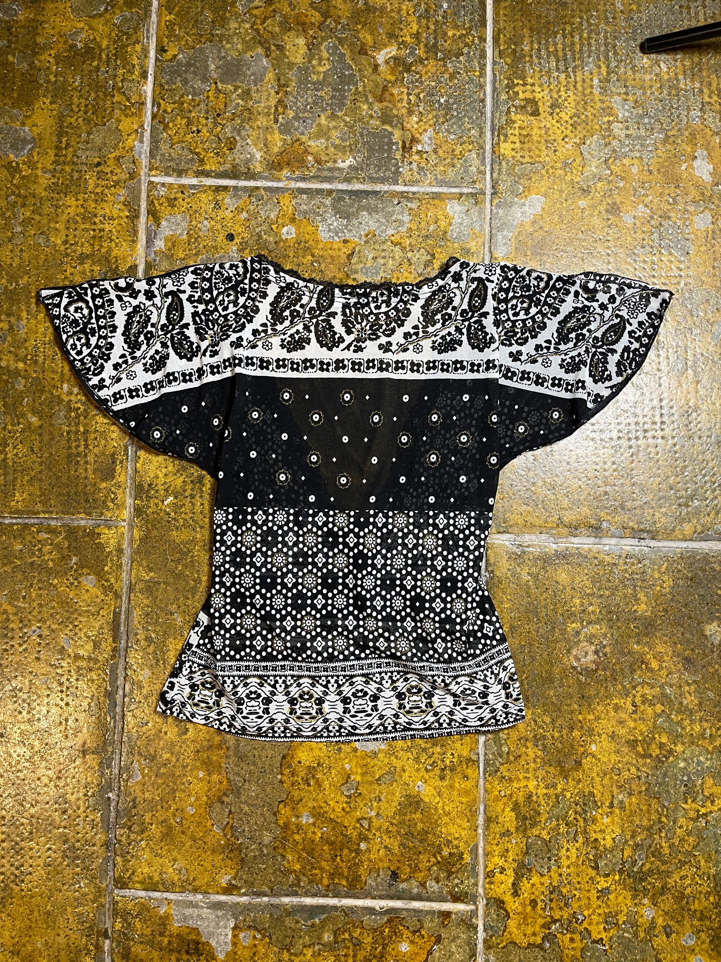 David FIlo Short Sleeve See Through Top Black White 2000s y2k - M