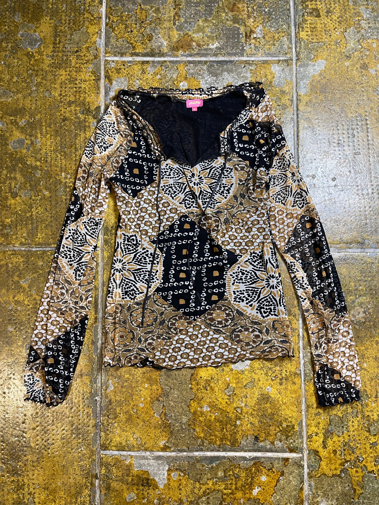 Phildar Long Sleeve See Through Top Black Beige 2000s y2k - S