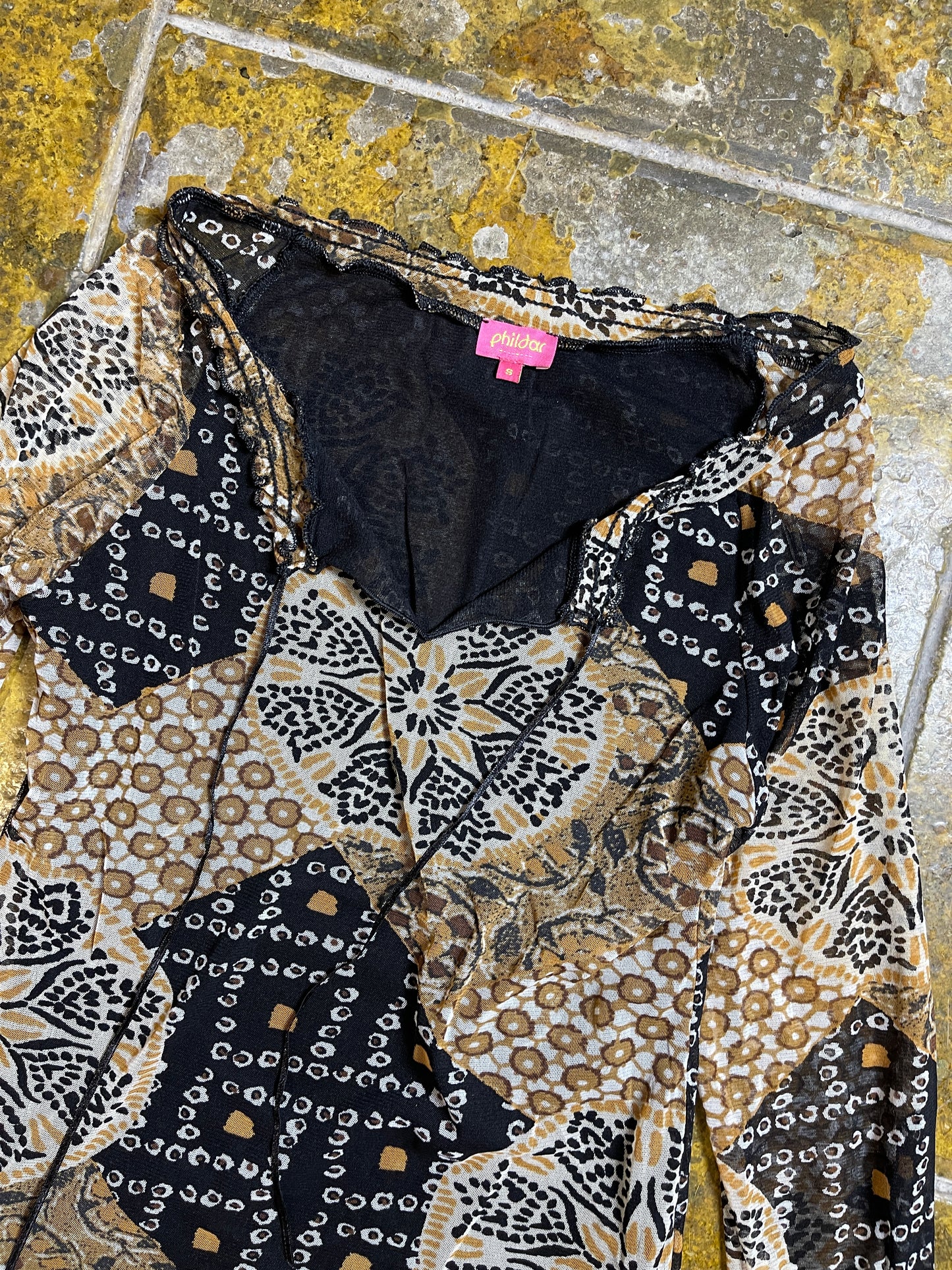 Phildar Long Sleeve See Through Top Black Beige 2000s y2k - S