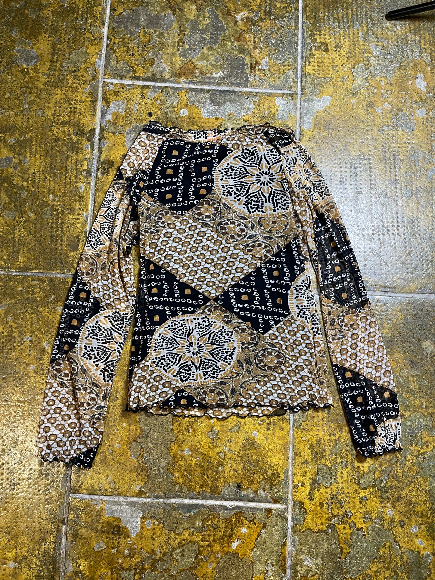 Phildar Long Sleeve See Through Top Black Beige 2000s y2k - S
