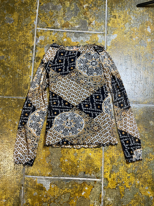 Phildar Long Sleeve See Through Top Black Beige 2000s y2k - S