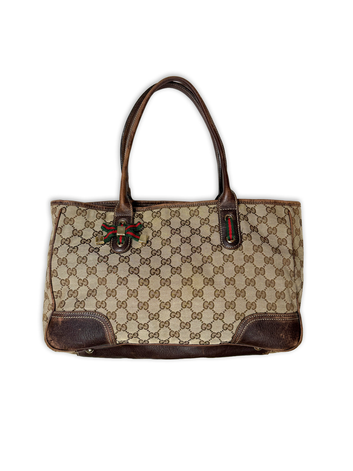 2000s Gucci Princy Tote Bag in GG Monogram Canvas with Web Bow Detail Medium