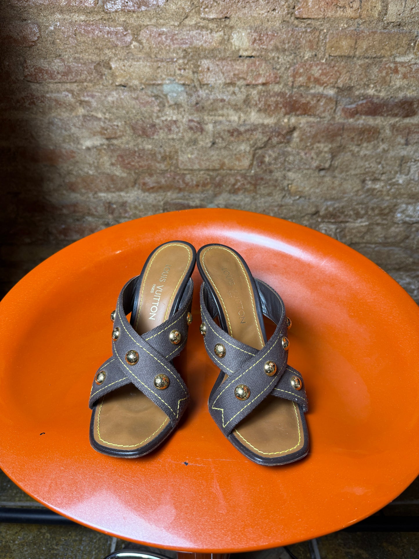 Y2k Louis Vuitton Canvas Studded Cross Strap Wedge Sandals Brown - EU38 1/2