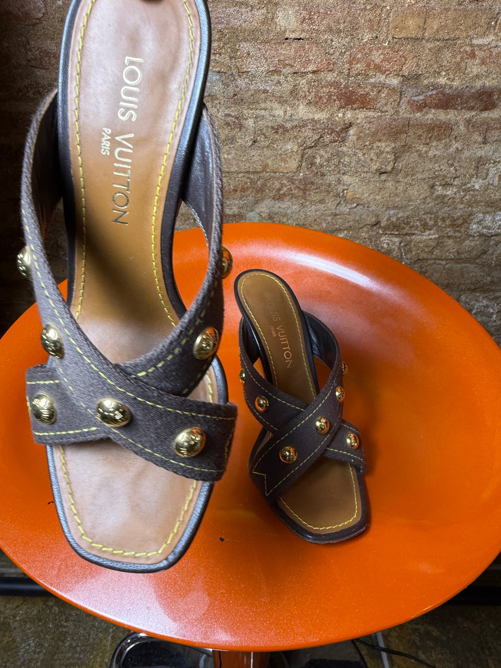 Y2k Louis Vuitton Canvas Studded Cross Strap Wedge Sandals Brown - EU38 1/2