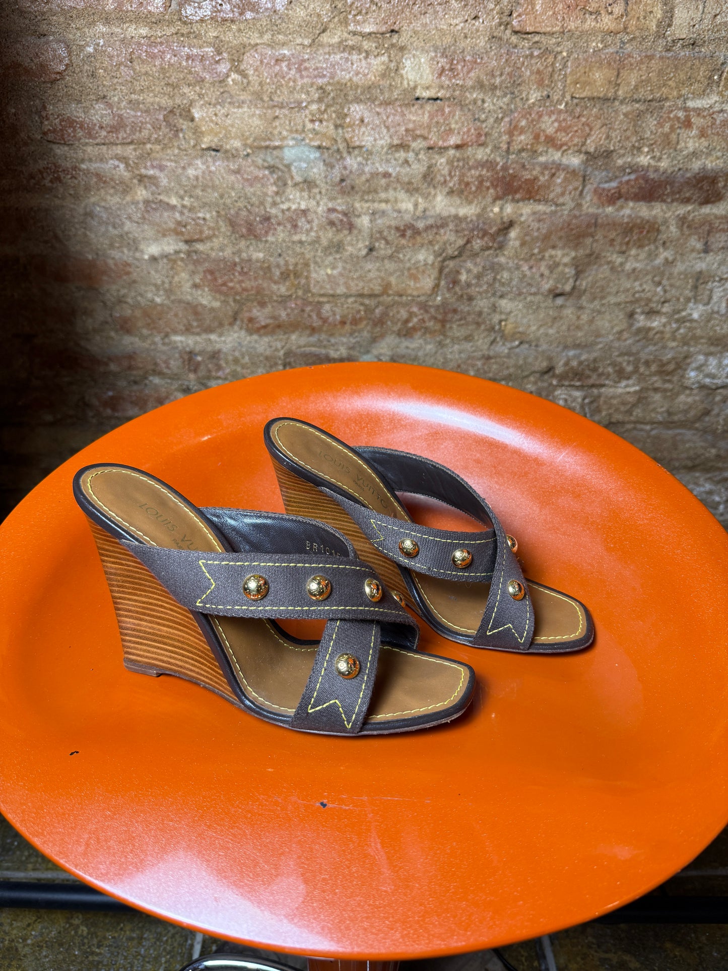 Y2k Louis Vuitton Canvas Studded Cross Strap Wedge Sandals Brown - EU38 1/2