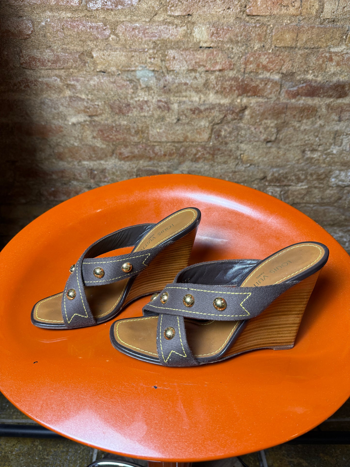 Y2k Louis Vuitton Canvas Studded Cross Strap Wedge Sandals Brown - EU38 1/2