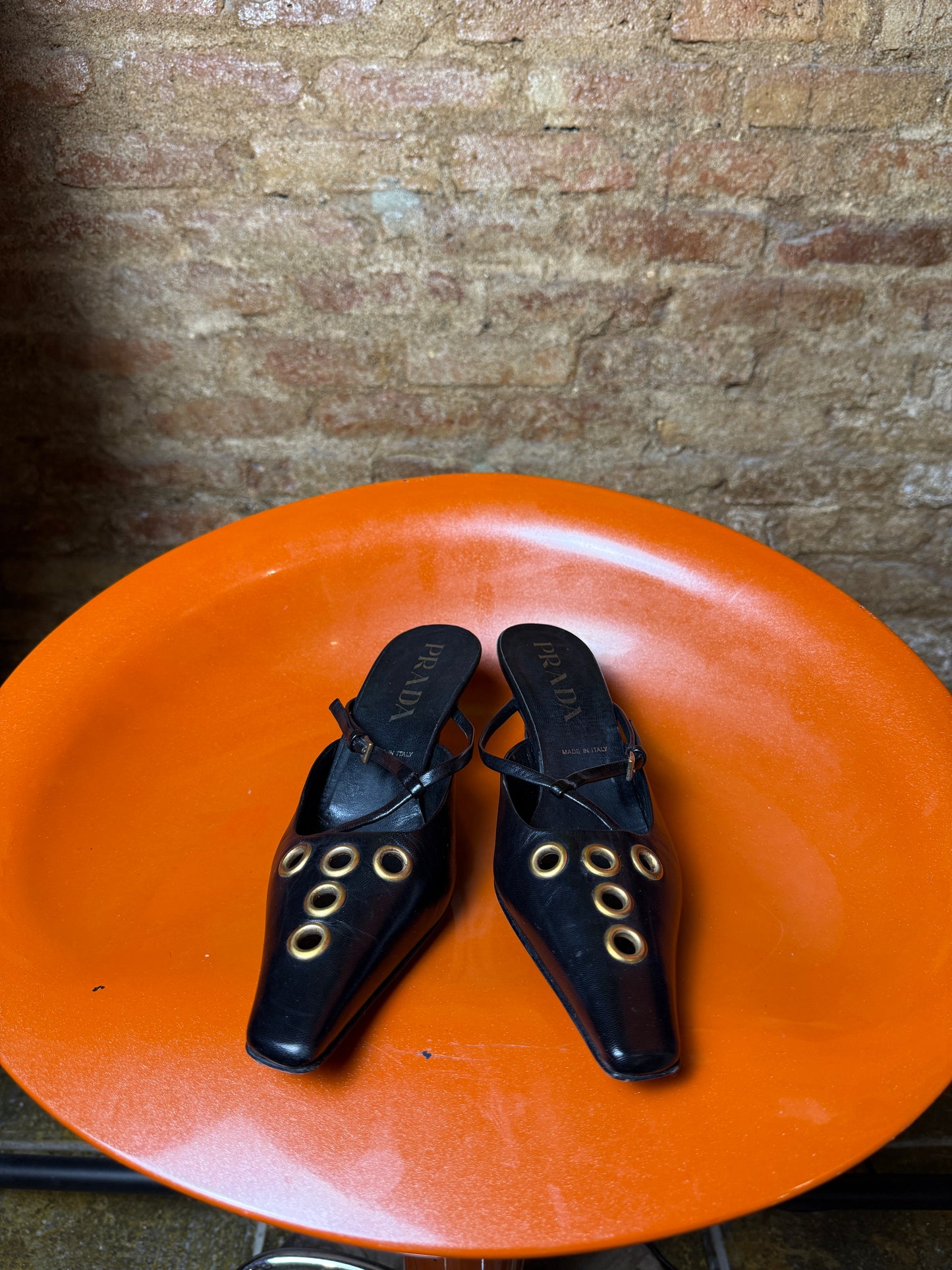2000s Archive Prada Pointed-Toe Grommet Mule Kitten Heels Black Gold - EU35 1/2