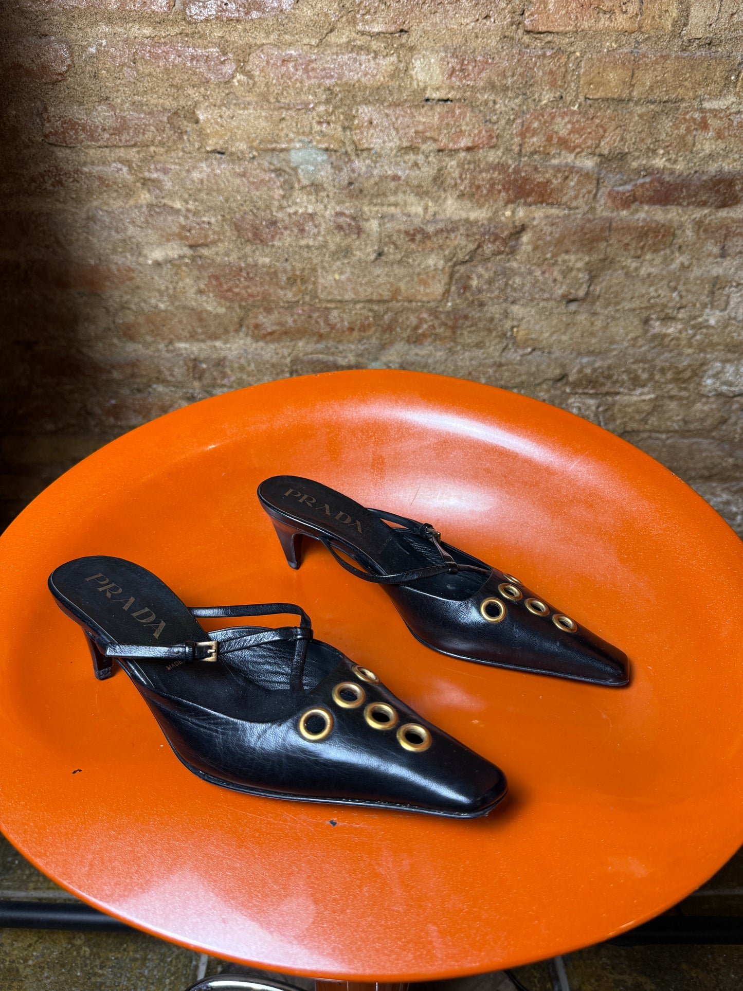 2000s Archive Prada Pointed-Toe Grommet Mule Kitten Heels Black Gold - EU35 1/2