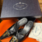 2000s Archive Prada Pointed-Toe Grommet Mule Kitten Heels Black Gold - EU35 1/2