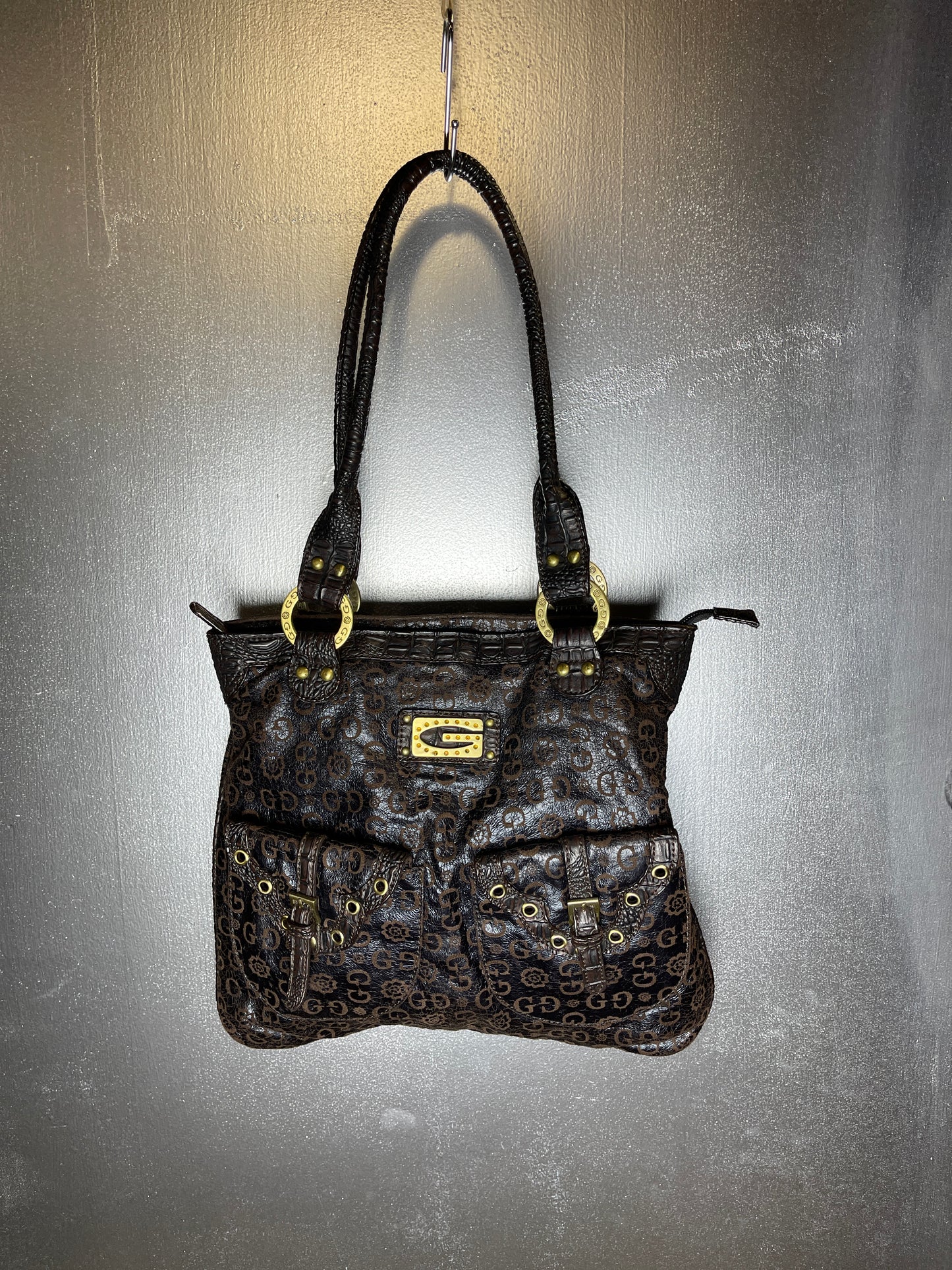 Guess Monogram Vegan Leather Shoulder Bag Brown 2000s y2k