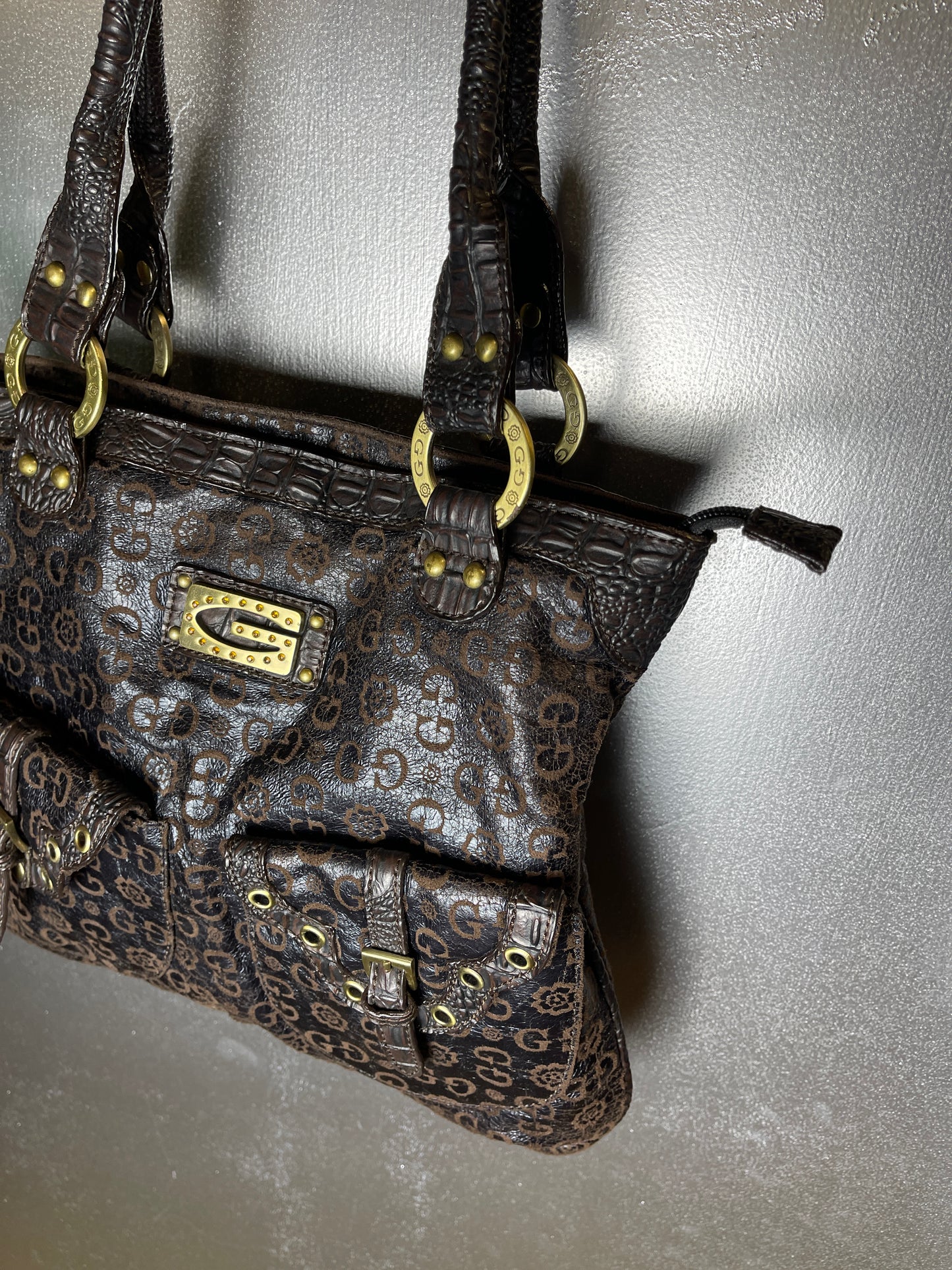 Guess Monogram Vegan Leather Shoulder Bag Brown 2000s y2k