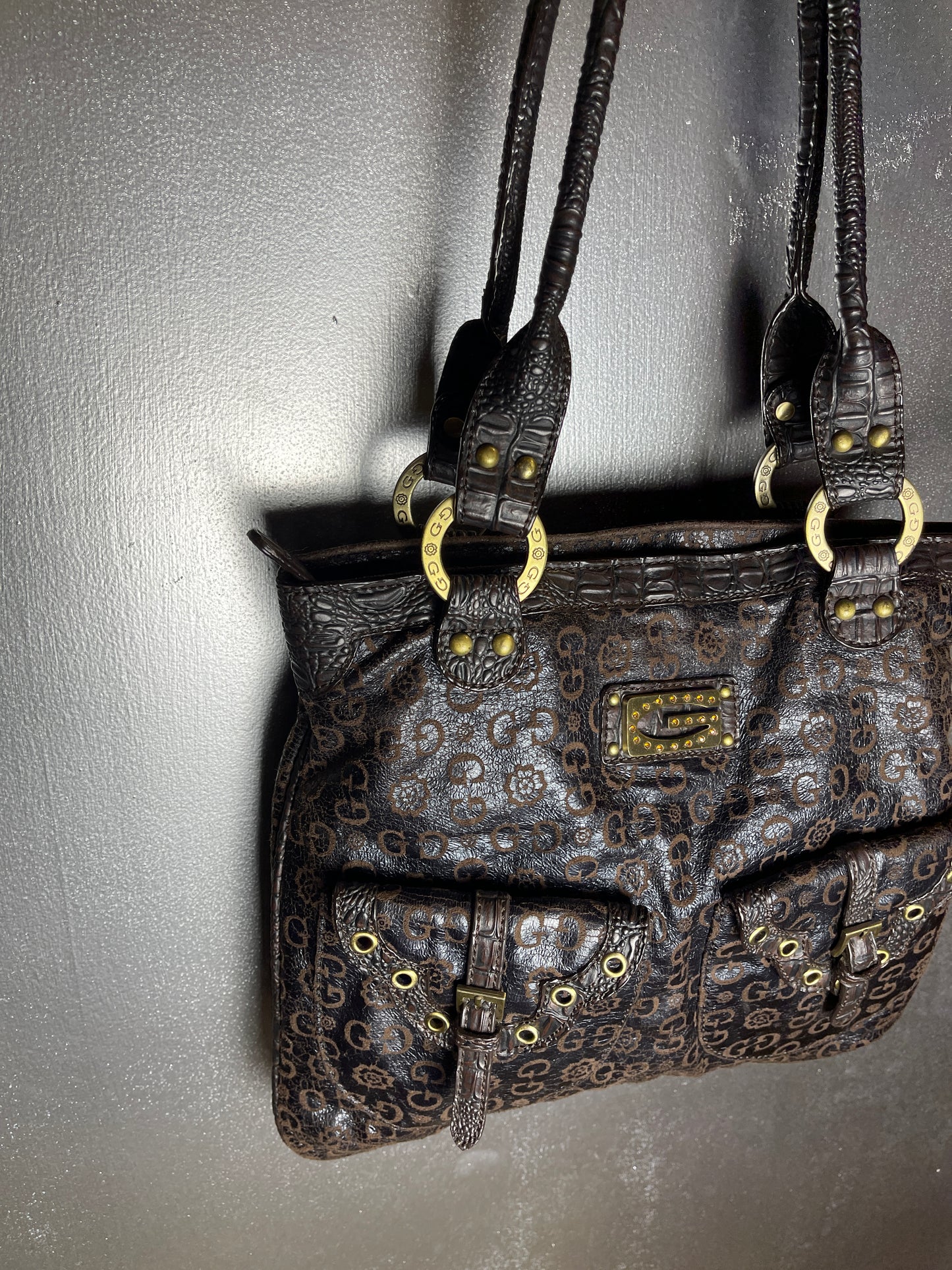Guess Monogram Vegan Leather Shoulder Bag Brown 2000s y2k