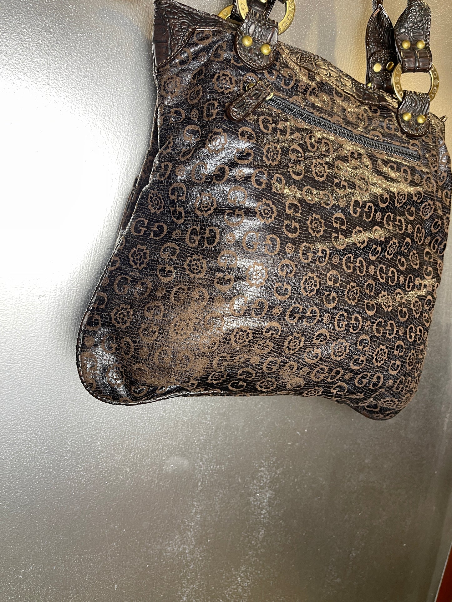 Guess Monogram Vegan Leather Shoulder Bag Brown 2000s y2k