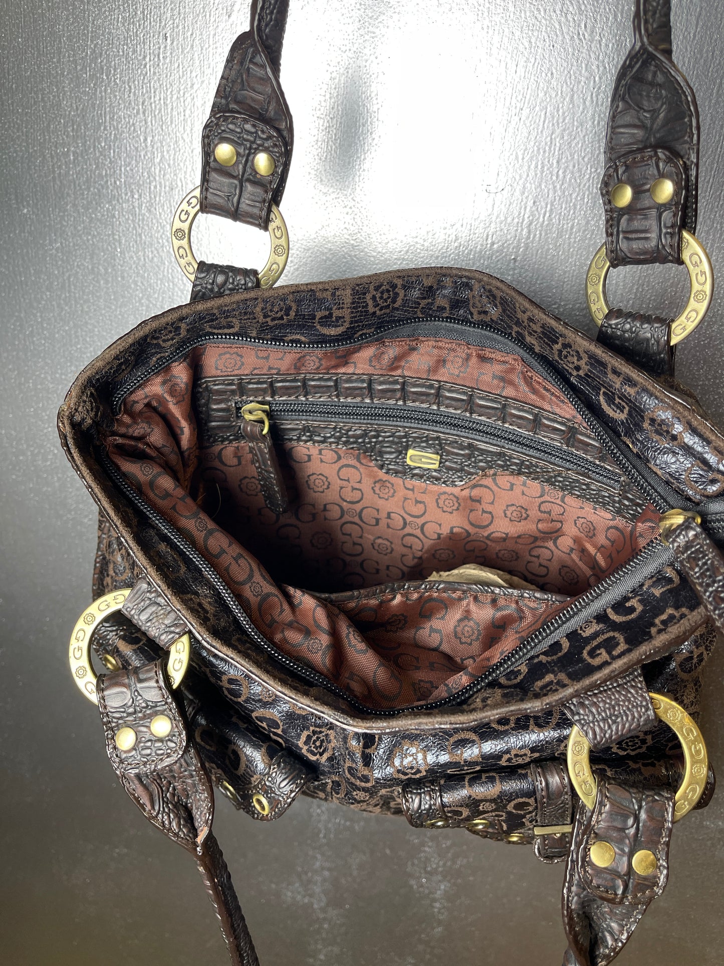 Guess Monogram Vegan Leather Shoulder Bag Brown 2000s y2k