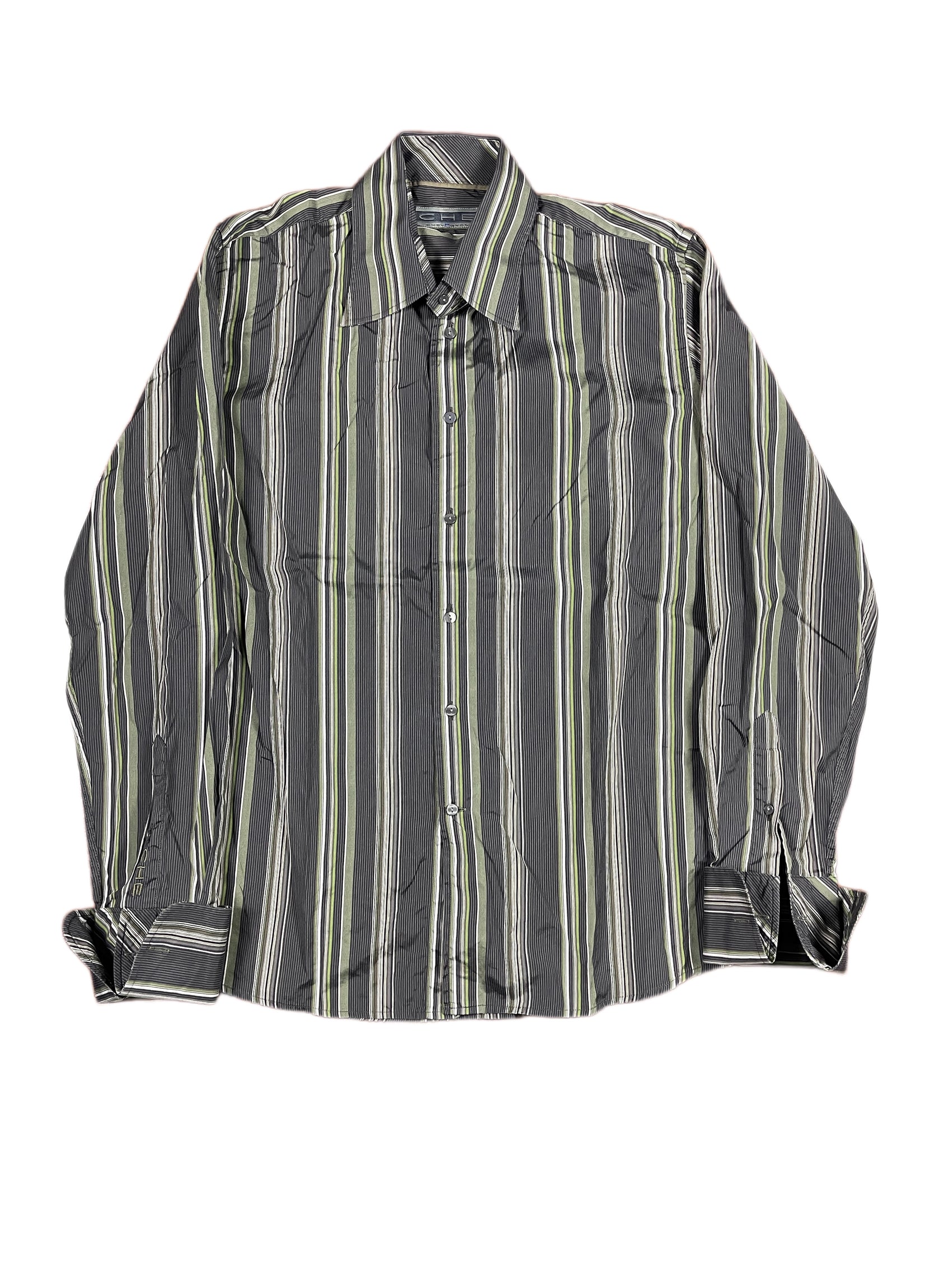 Y2k Chevignon Long Sleeve Shirt Striped Gray Green - L