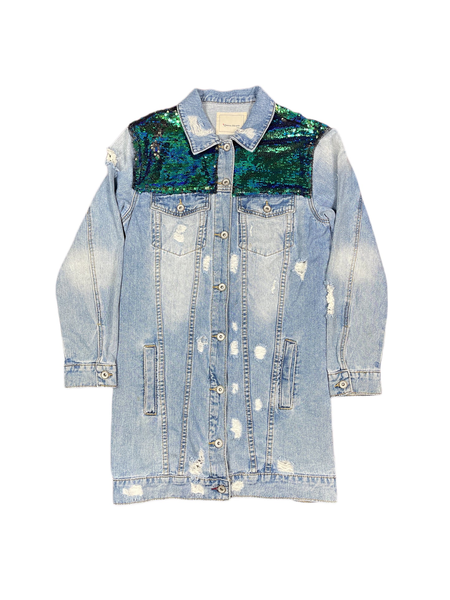 Queen Hearts Long Denim Jacket Blue - M
