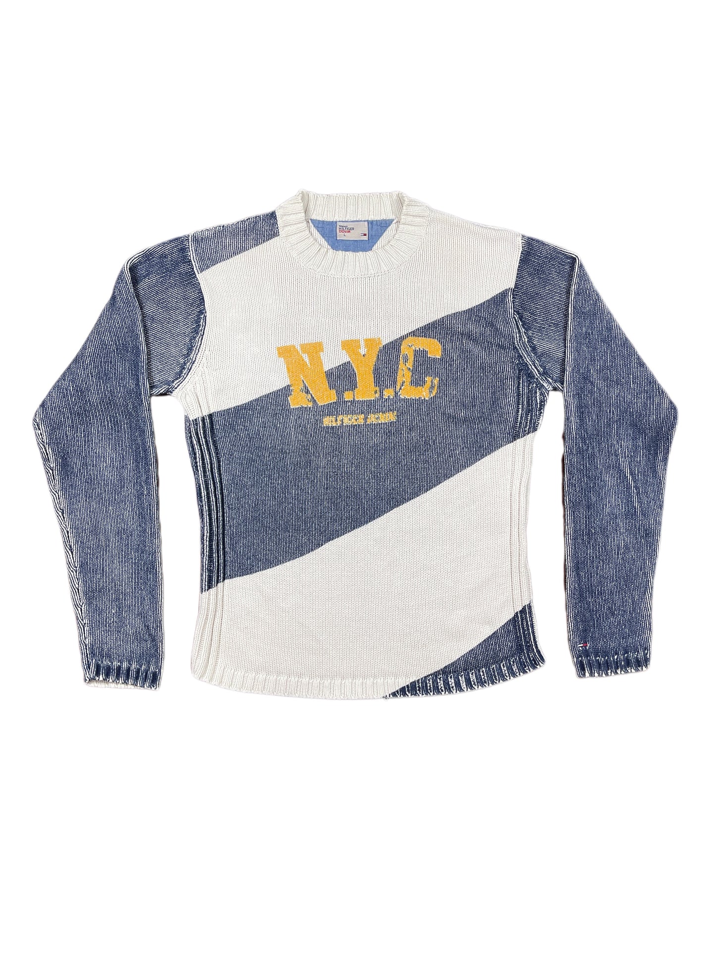 Y2k Tommy Hilfiger Denim Knitted Sweatshirt White Blue - L