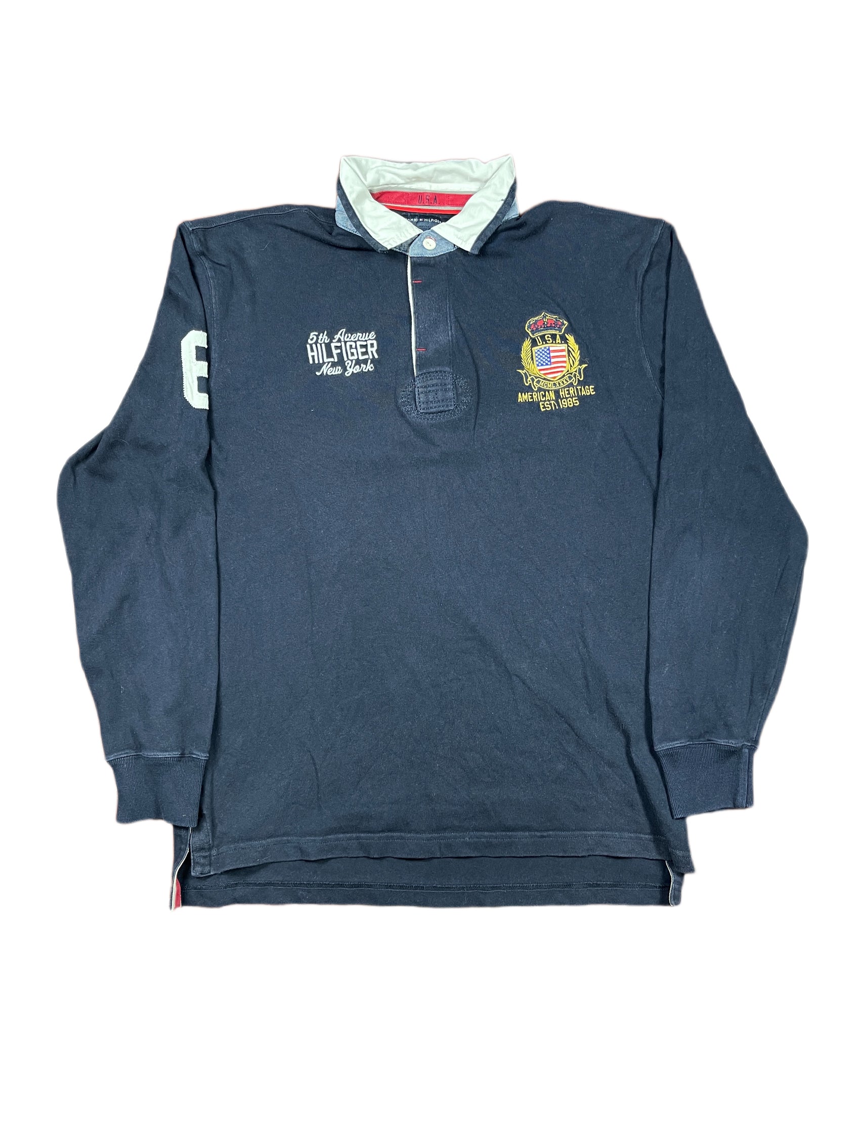 Y2k Tommy Hilfiger Long Sleeve Polo Shirt Navy - L