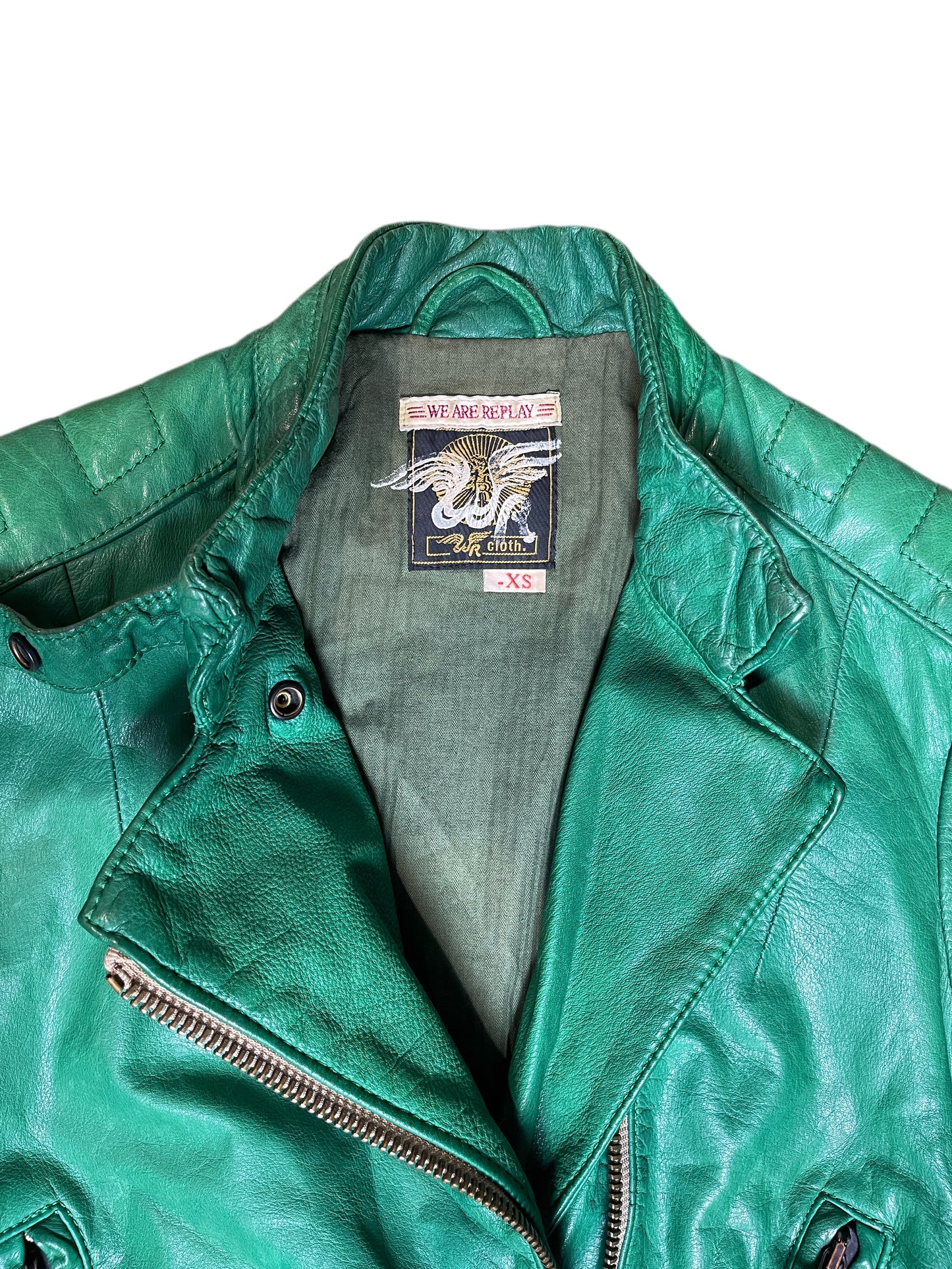 Replay Green Leather Jacket 2000s Biker | XS
