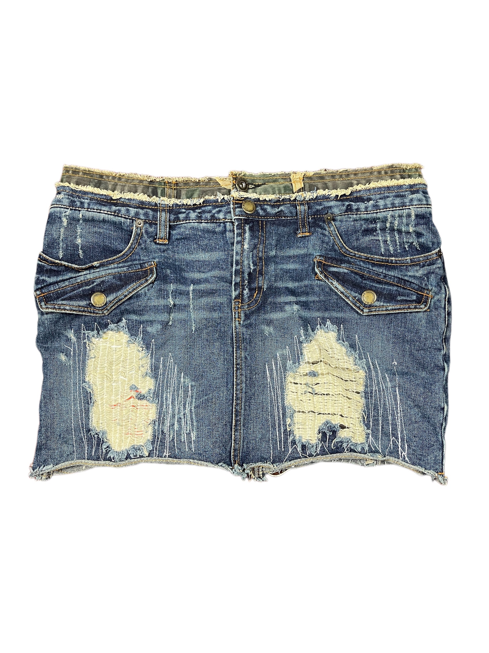 Y2k Fishbone Denim Mini Skirt Blue - L
