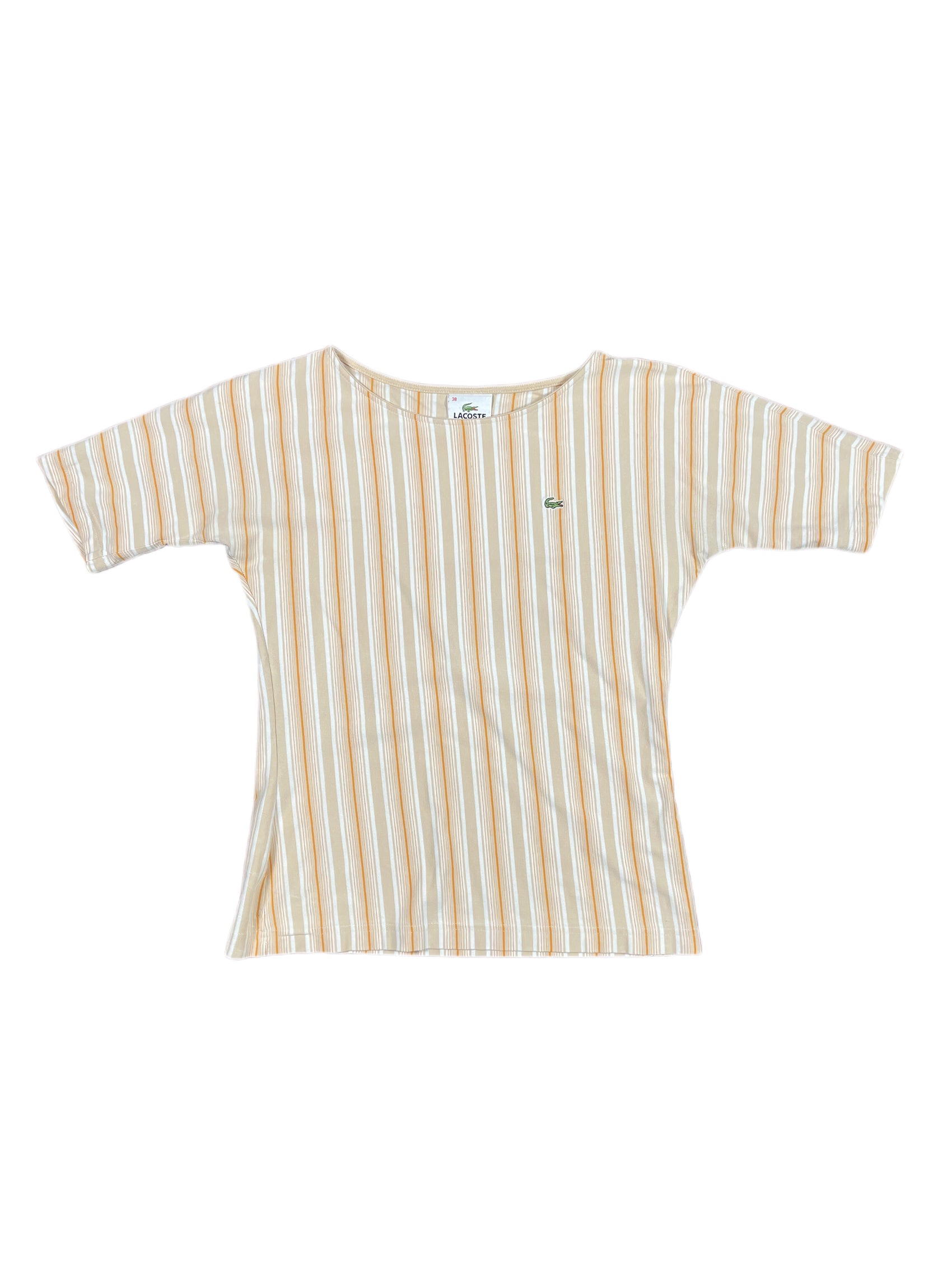 Y2k Lacoste Short Sleeve Top Striped Beige White - M