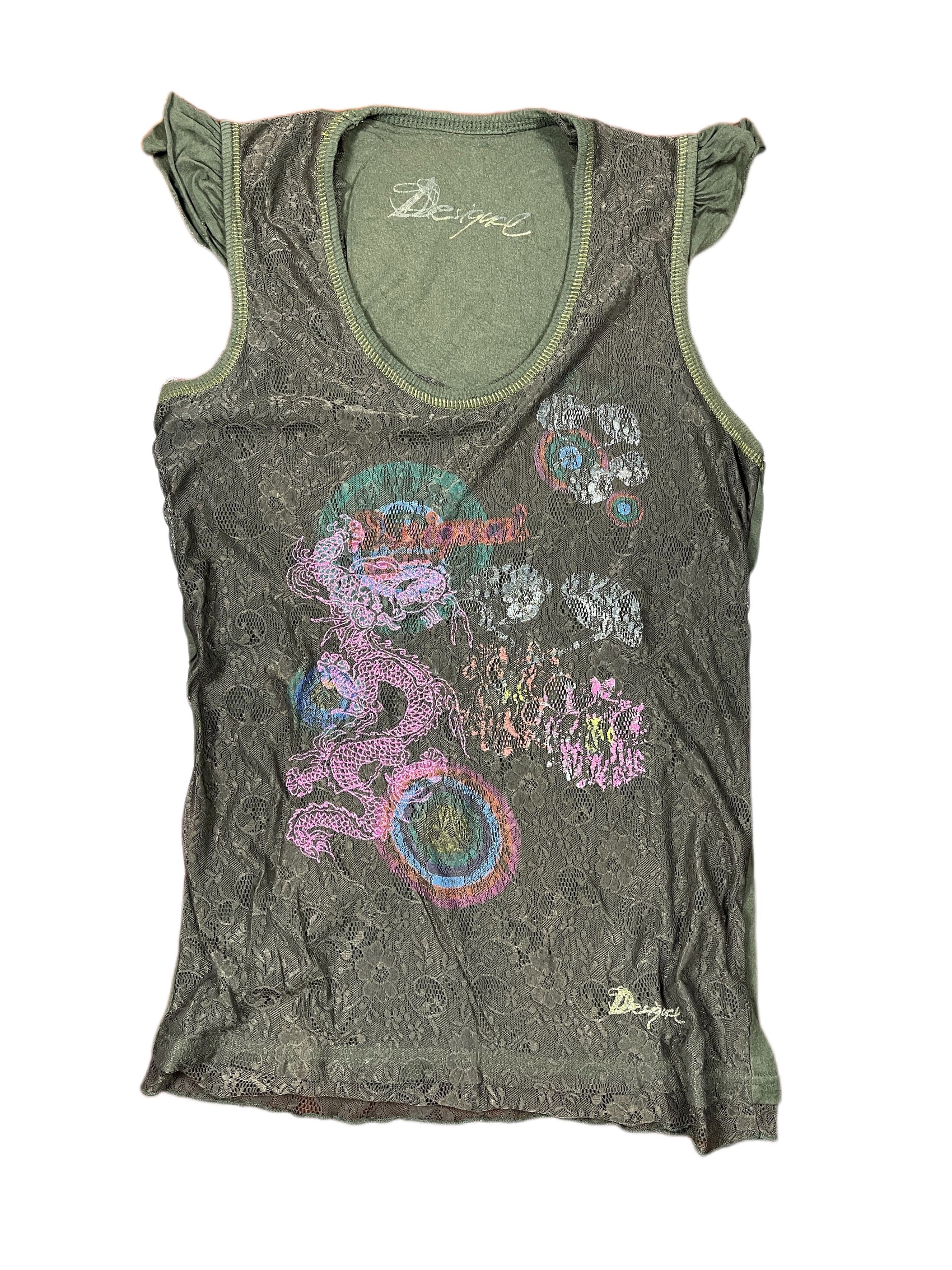 Y2k Desigual Sleeveless Top Khaki - XL