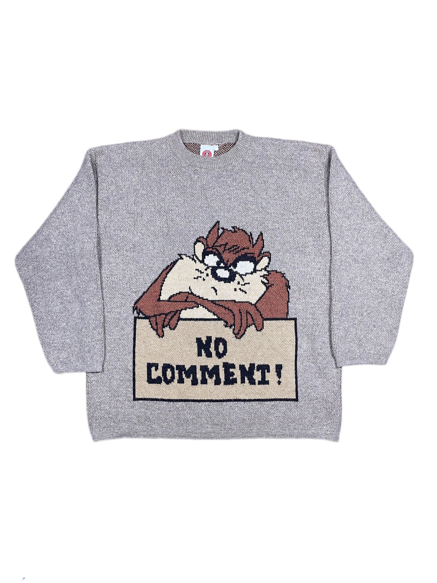 Vintage Warner Bros 2003 Looney Tunes Tasmanian Devil No Comment Knitted Sweatshirt Gray Brown - XL