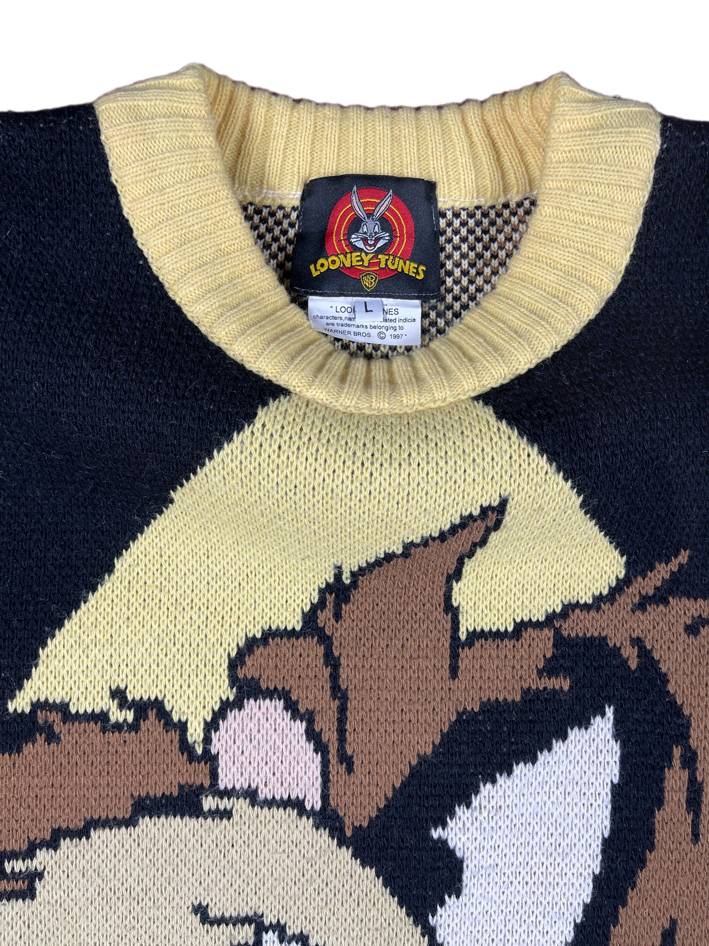Vintage Tasmanian Devil TAZ 1997 Looney Tunes Chunky Knitted Sweatshirt Yellow Black - L