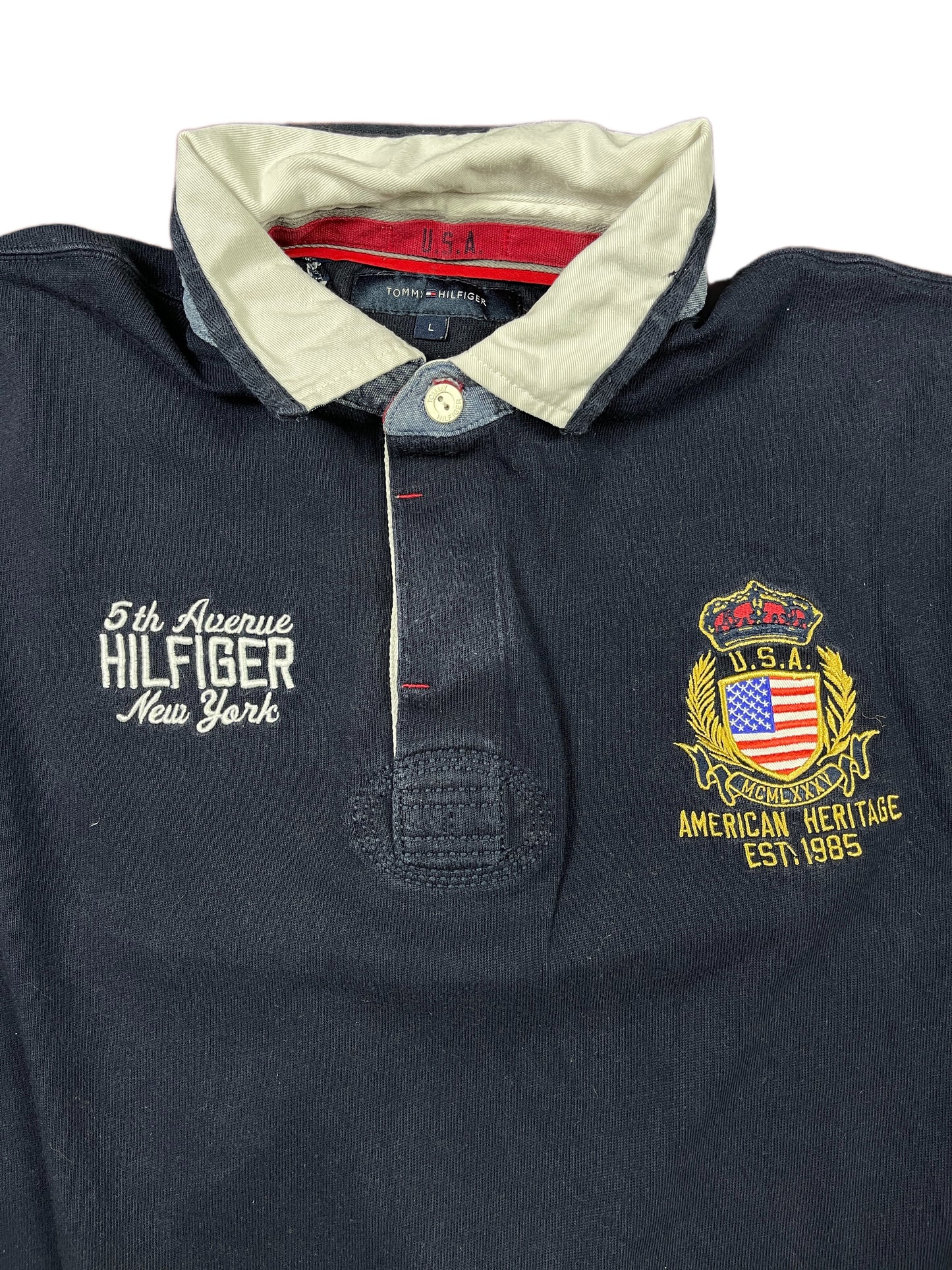 Y2k Tommy Hilfiger Long Sleeve Polo Shirt Navy - L