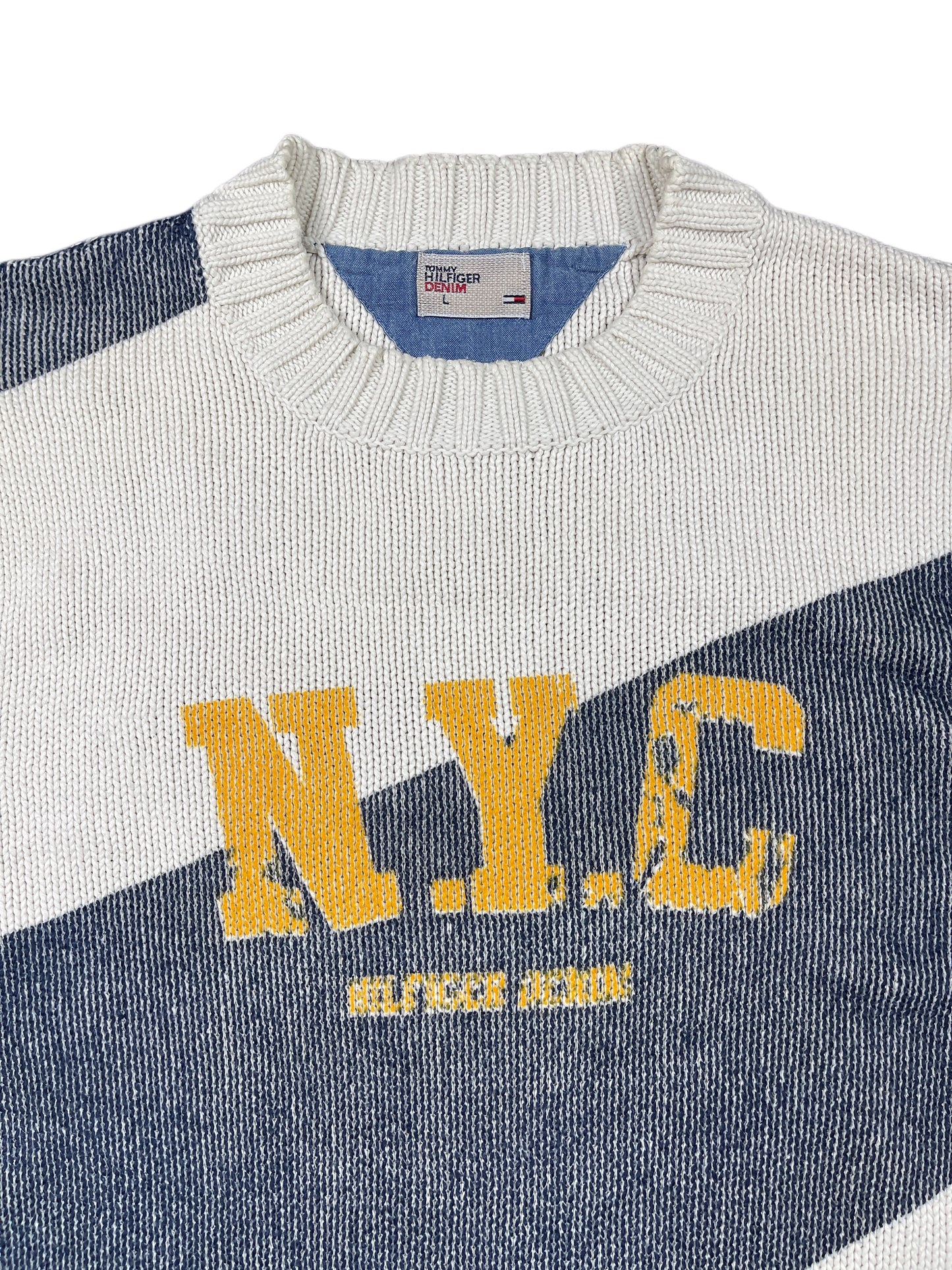 Y2k Tommy Hilfiger Denim Knitted Sweatshirt White Blue - L