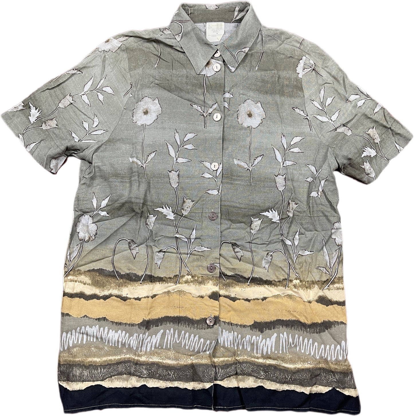Vintage Short Sleeve Shirt Flower Pattern Khaki Viscose M