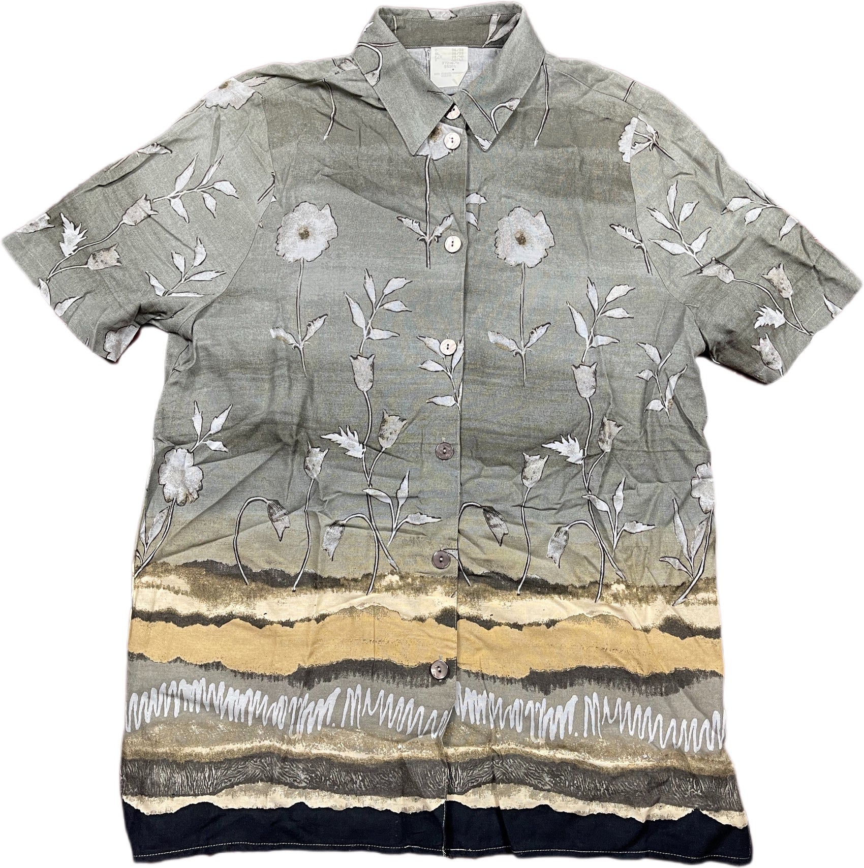 Vintage Short Sleeve Shirt Flower Pattern Khaki Viscose M