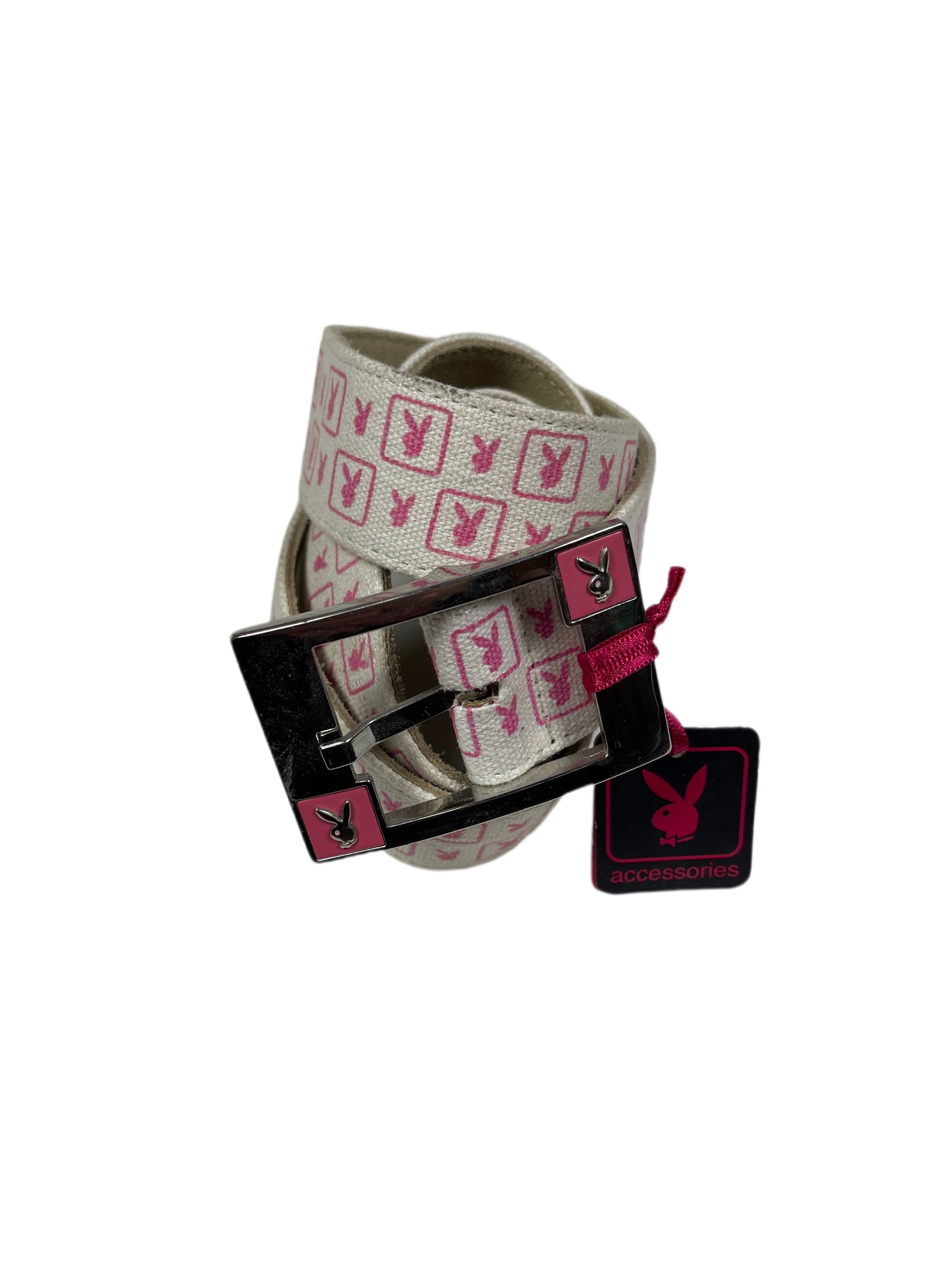 Y2k Playboy Leather and Fabric Belt White Rose 2004