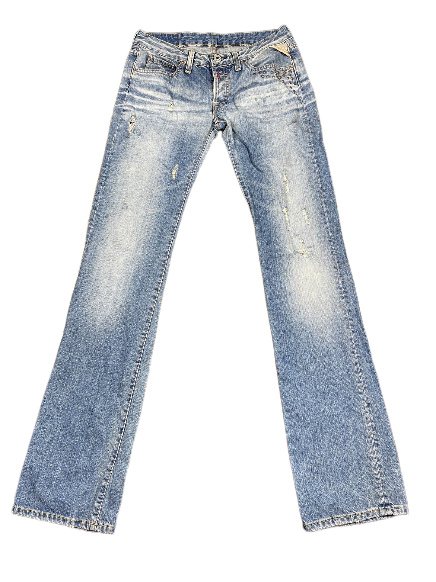 Y2k Replay Low Waist Flared Denim Pants Blue White - S