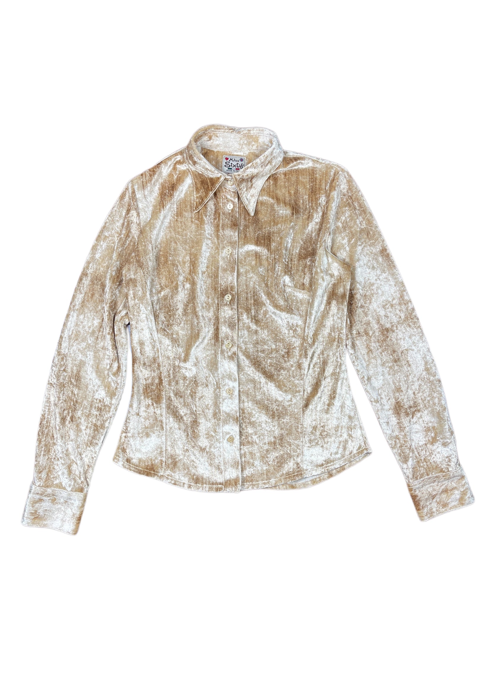 Y2k Miss Sixty Long Sleeve Velvet Shirt Beige Gold - M