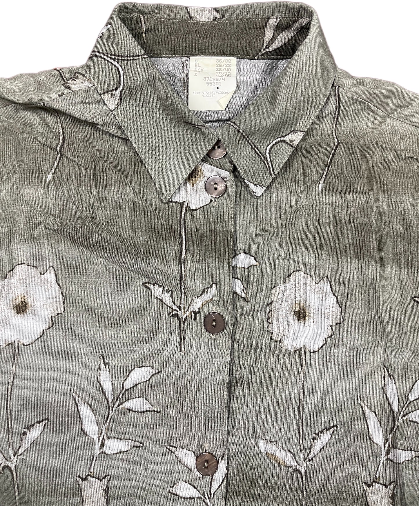 Vintage Short Sleeve Shirt Flower Pattern Khaki Viscose M