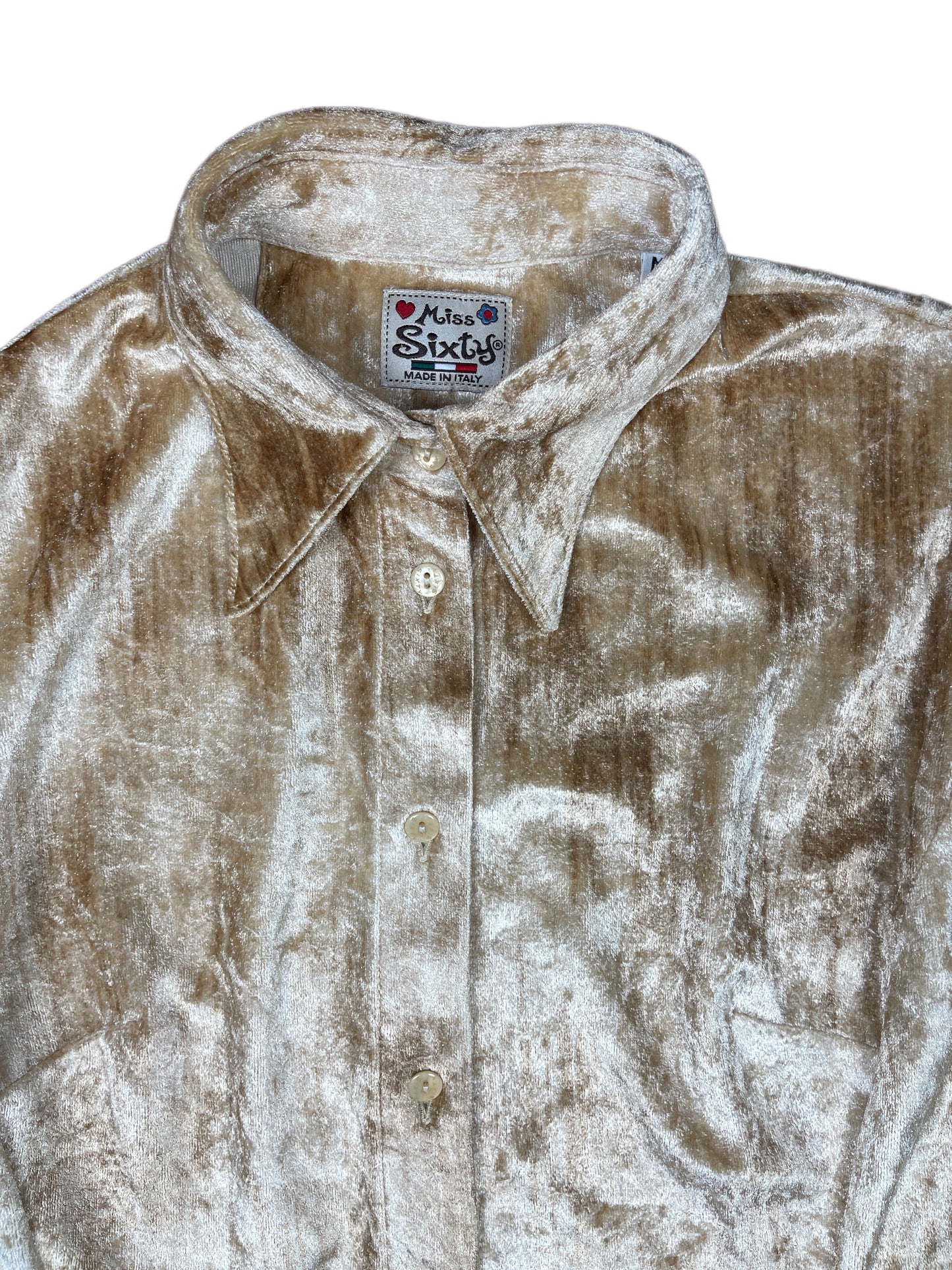 Y2k Miss Sixty Long Sleeve Velvet Shirt Beige Gold - M