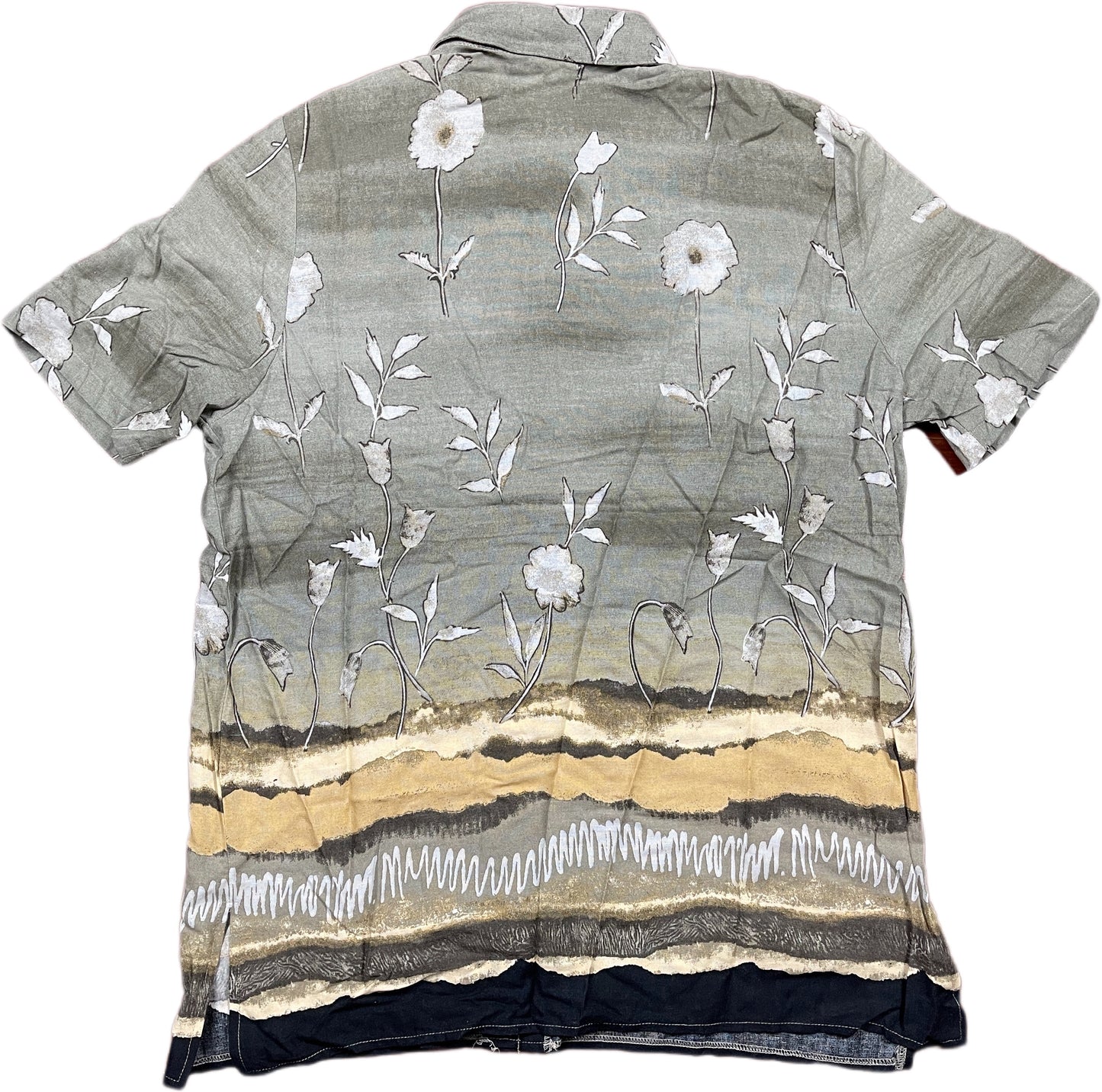 Vintage Short Sleeve Shirt Flower Pattern Khaki Viscose M