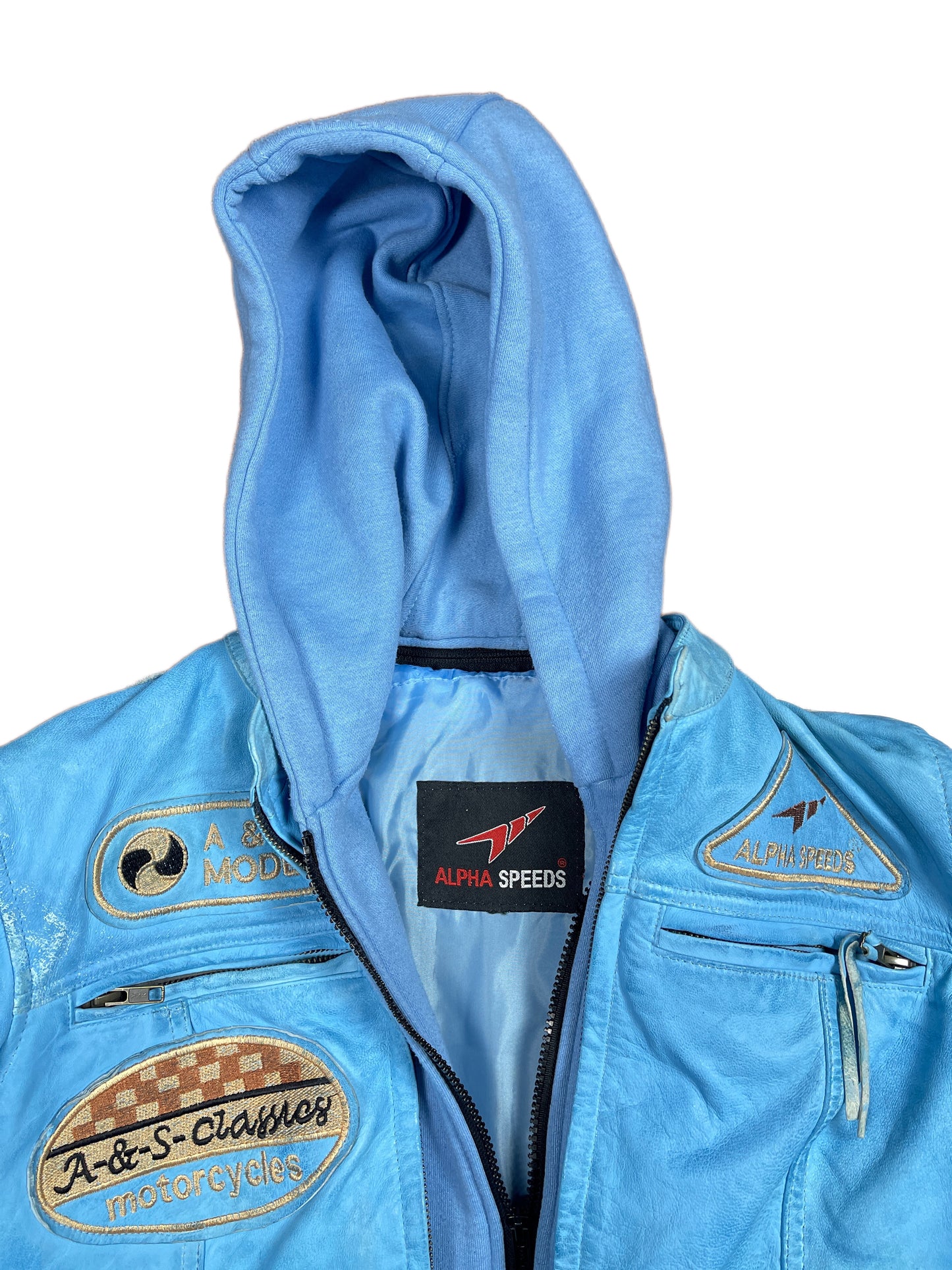 Y2k 2000s Alpha Speeds Racing Leather Jacket Baby Blue S