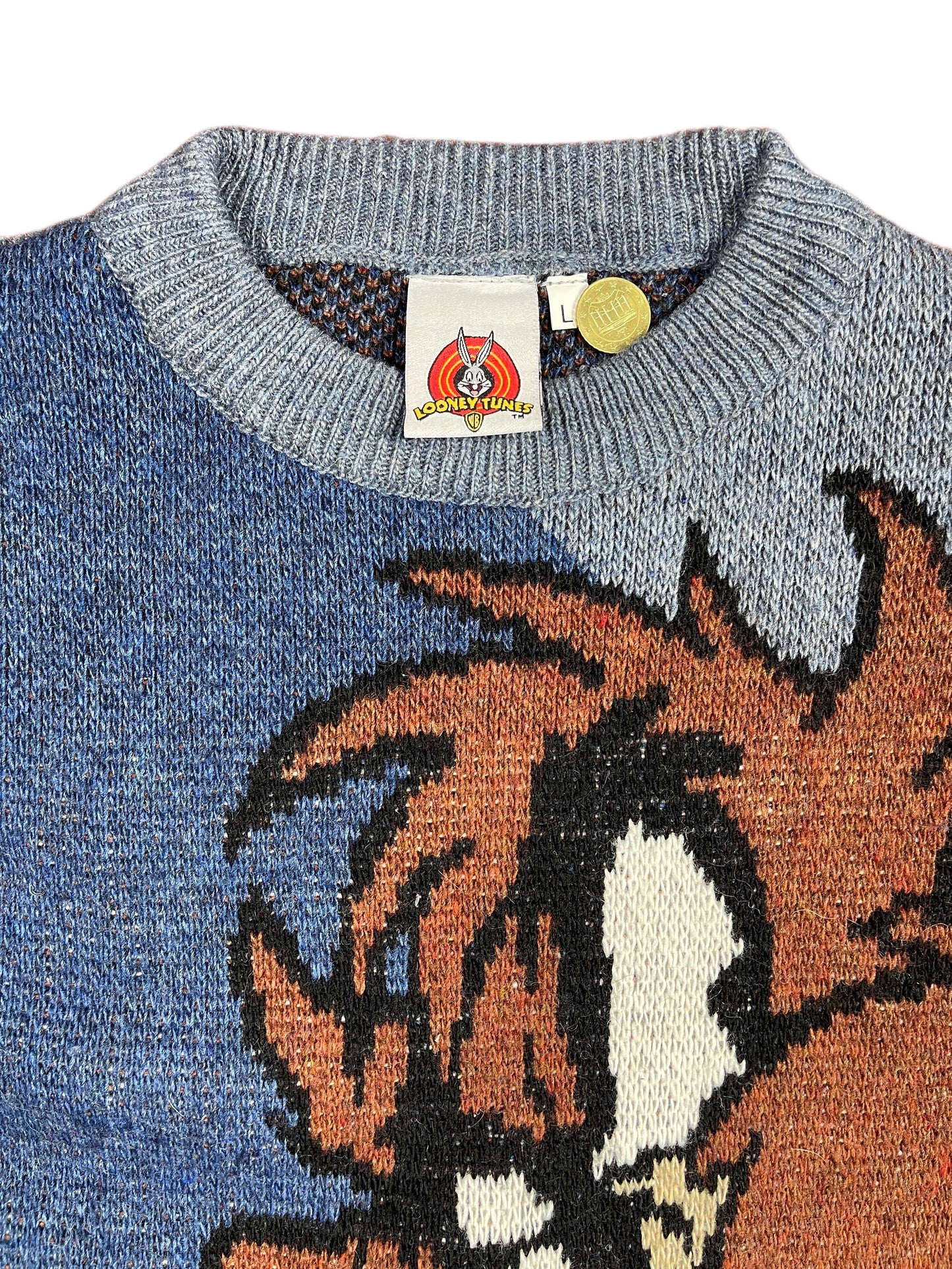 Vintage Looney Tunes 2004 Warner Bros Chunky Knitted Sweatshirt Blue Brown - L