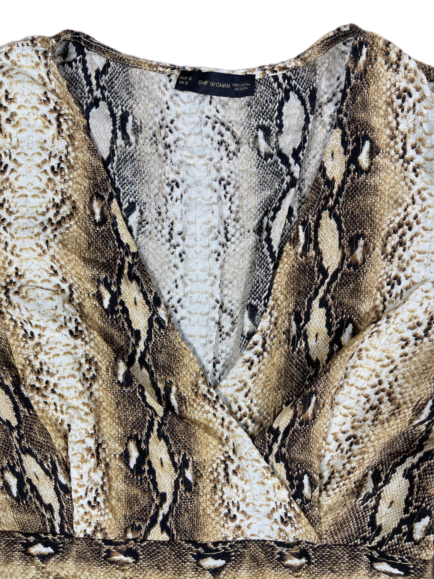 Short Sleeve Dress Snake Pattern Gold White - S