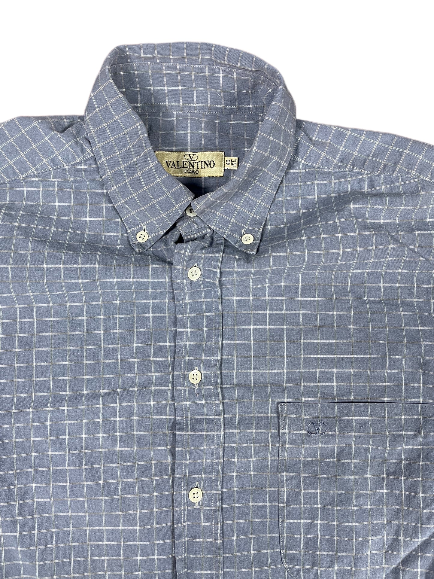 Vintage Valentino Uomo Long Selve Shirt Chekered Blue - L