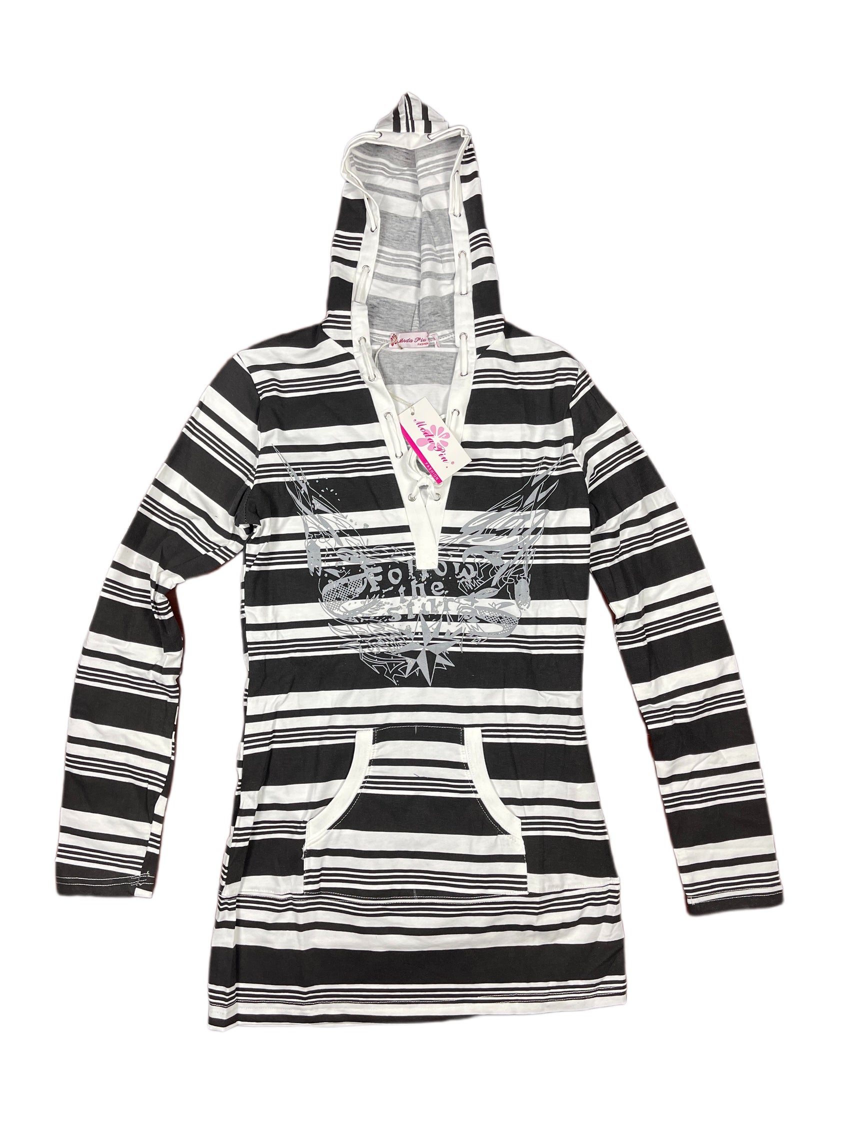 Y2k Moda Piu Long Sleeve Dress with Hood Black White - L/XL