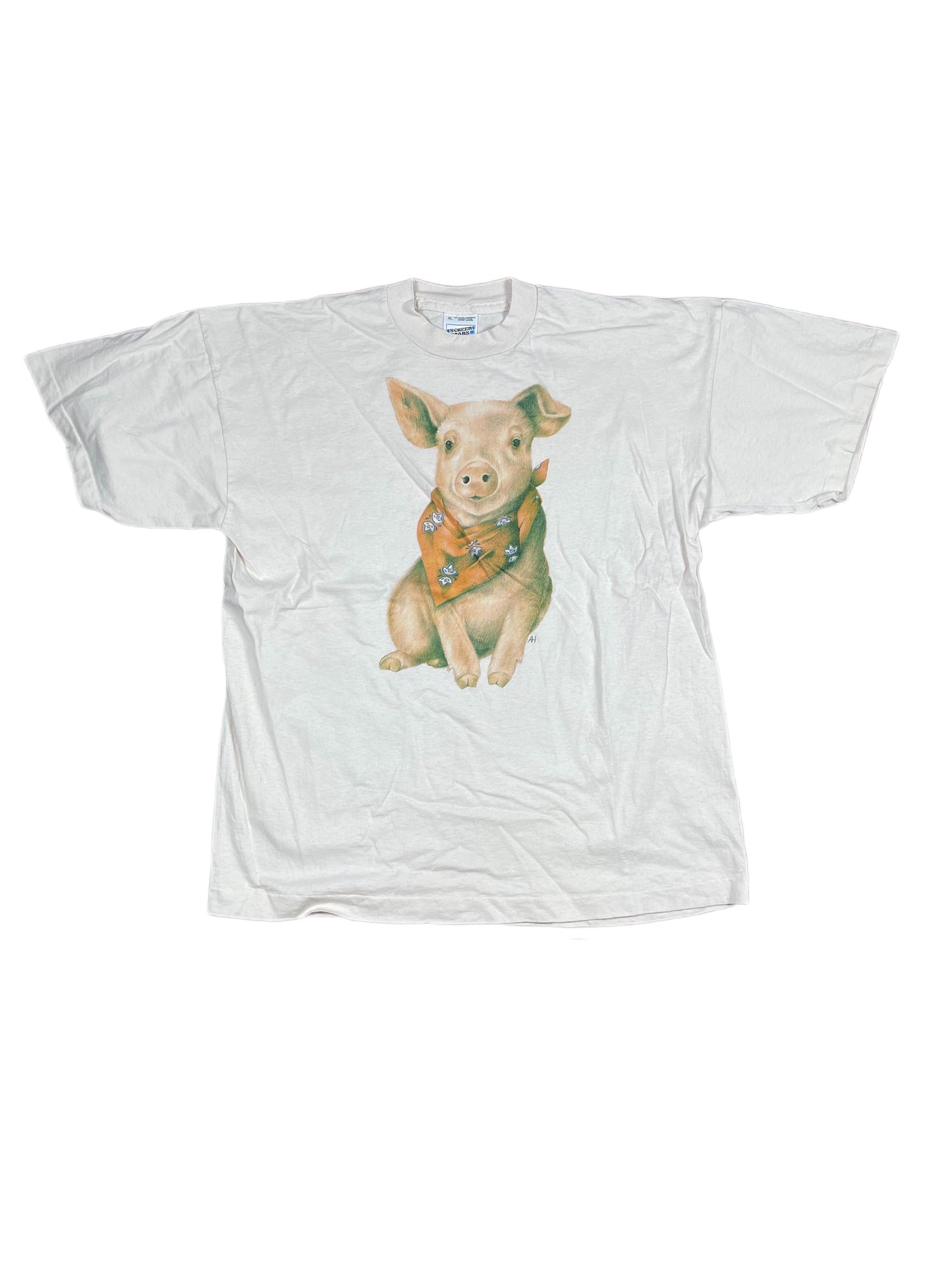 Vintage Pig Screen Stars T-Shirt Pink White - XL