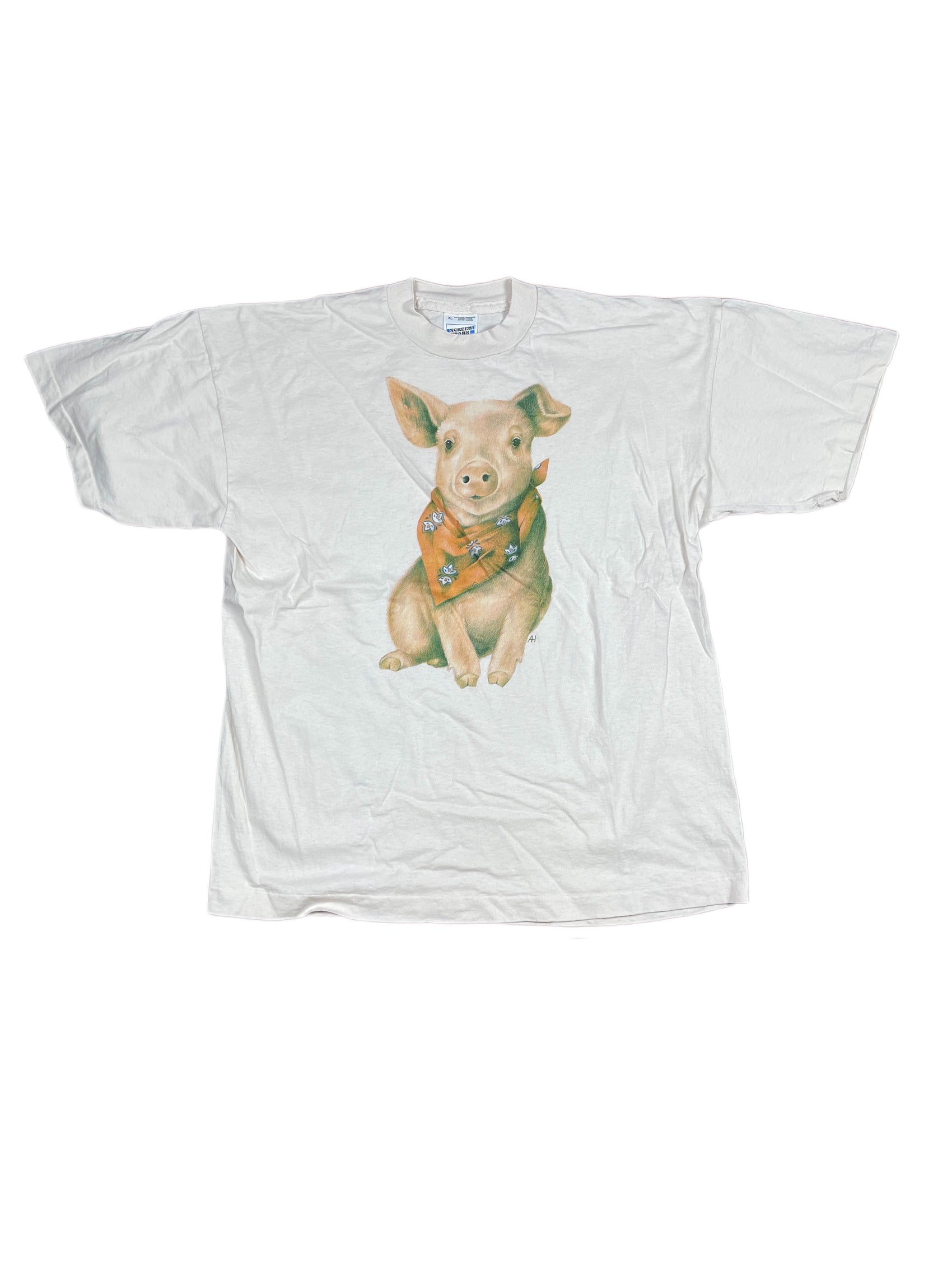 Vintage Pig Screen Stars T-Shirt Pink White - XL