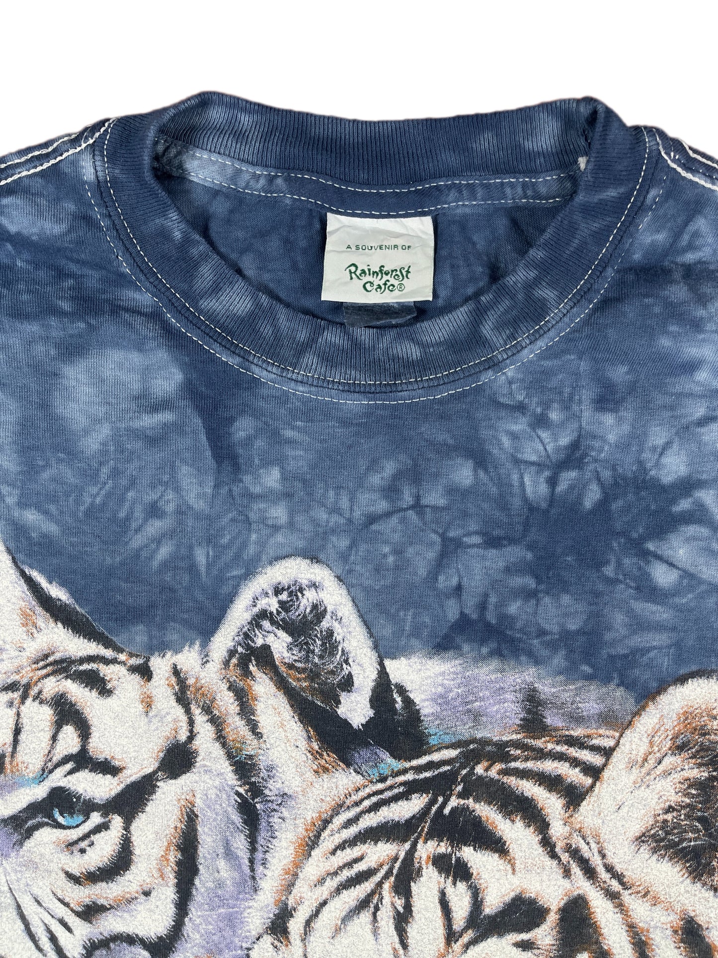 Vintage Rainforest Cafe White Tiger T-Shirt Blue Batik - M