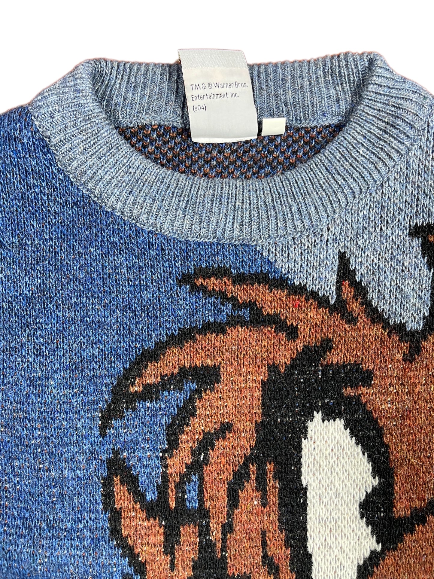 Vintage Looney Tunes 2004 Warner Bros Chunky Knitted Sweatshirt Blue Brown - L