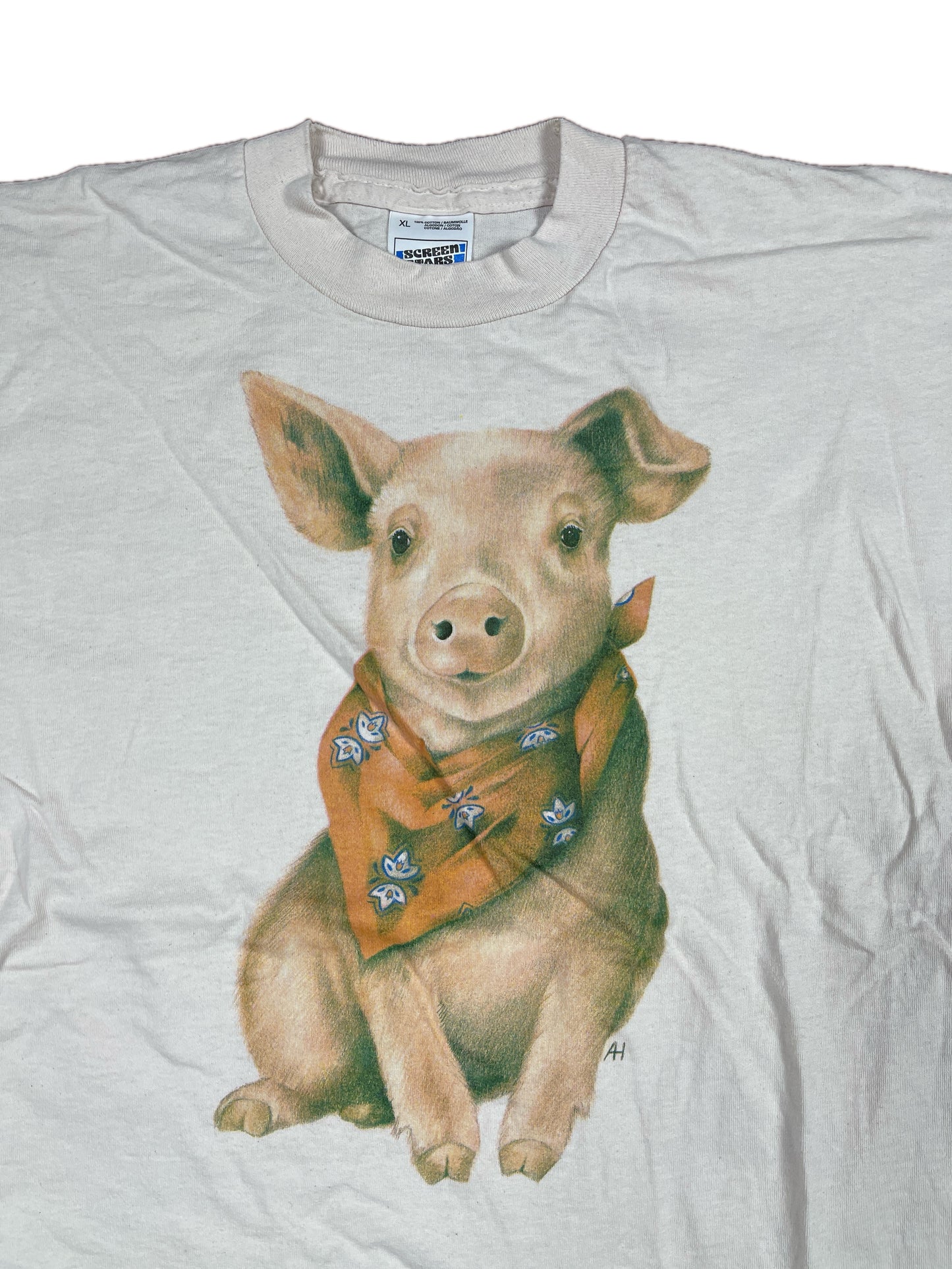 Vintage Pig Screen Stars T-Shirt Pink White - XL