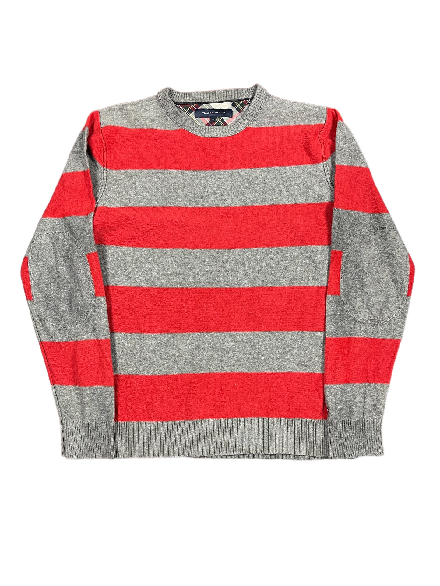 Y2k Tommy Hilfiger Knitted Sweatshirt Striped Red Gray - M